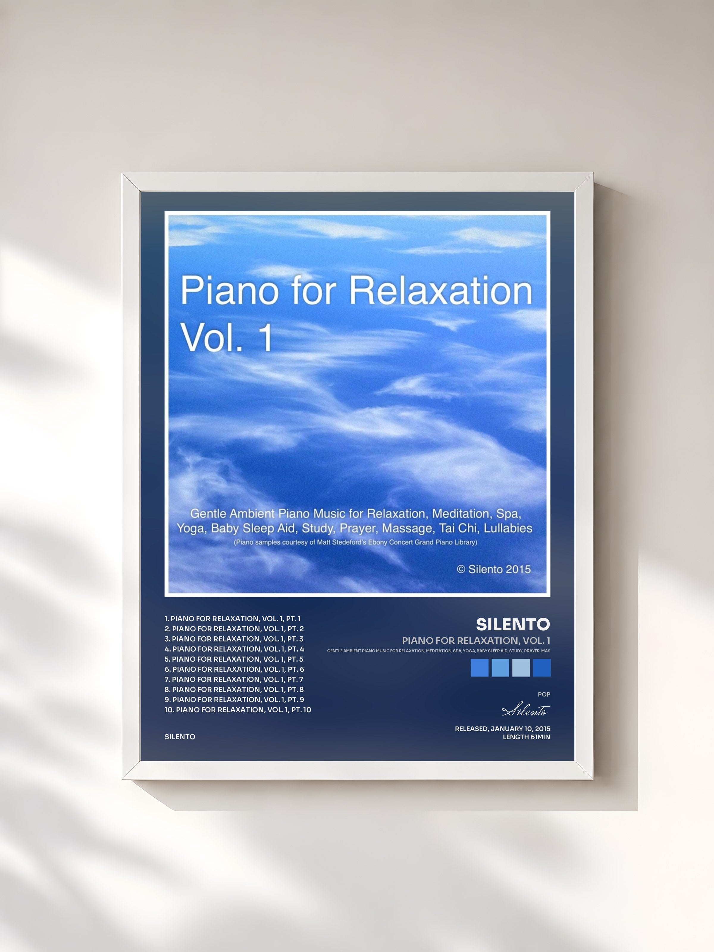#blanc Tableau de l'album Piano for Relaxation, Vol. 1 (Gentle Ambient Piano Music for Relaxation, Meditation, Spa, Yoga, Baby Sleep Aid, Study, Prayer, Mas de Silento, cadre blanc, imprimé et encadré en France