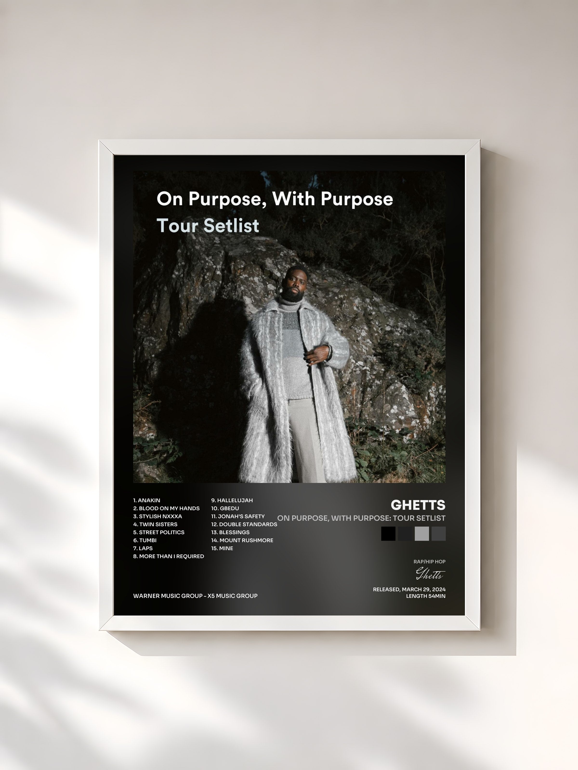 #blanc Tableau de l'album On Purpose, With Purpose: Tour Setlist de Ghetts, cadre blanc, imprimé et encadré en France