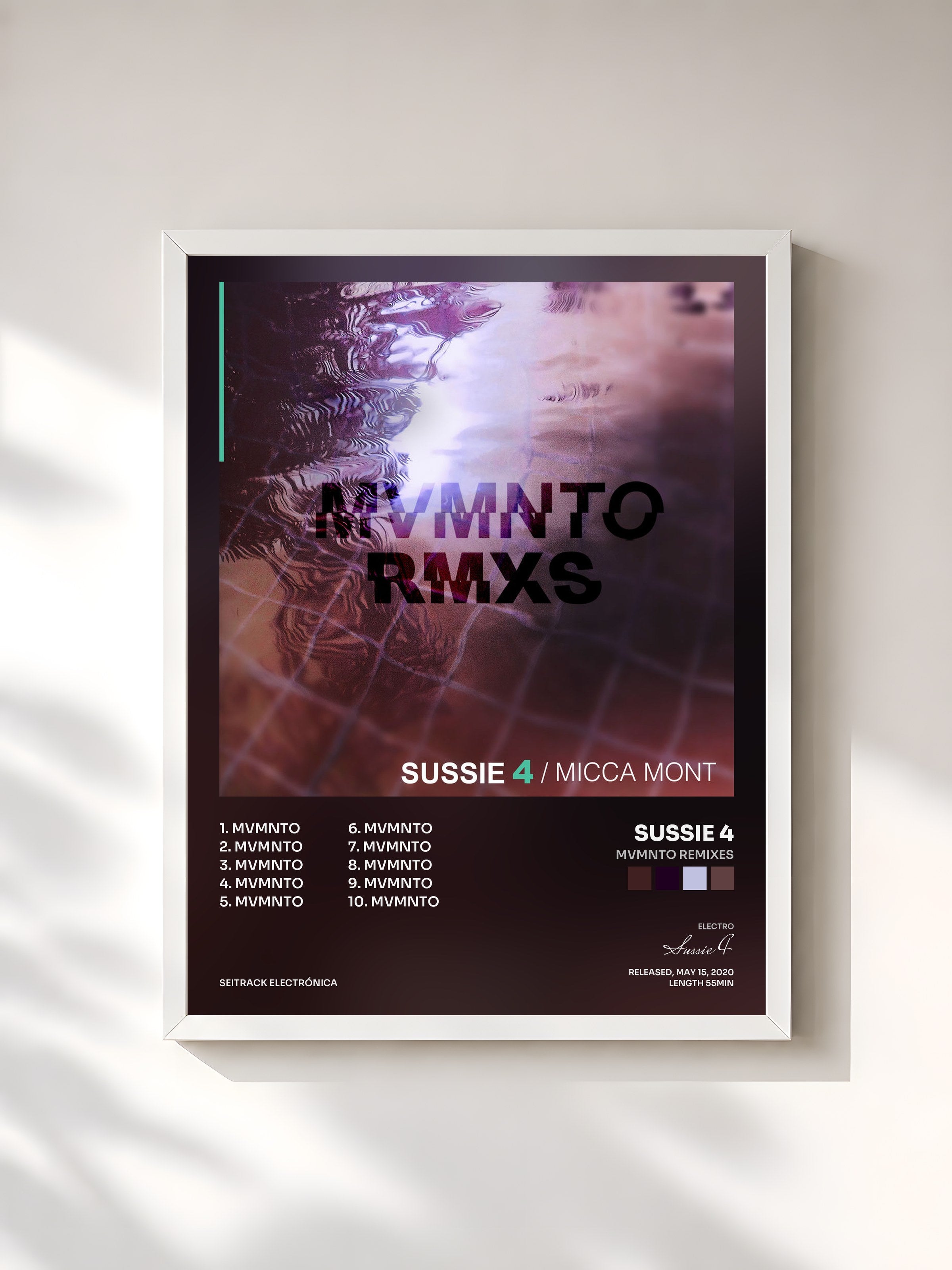 #blanc Tableau de l'album Mvmnto Remixes de Sussie 4, cadre blanc, imprimé et encadré en France