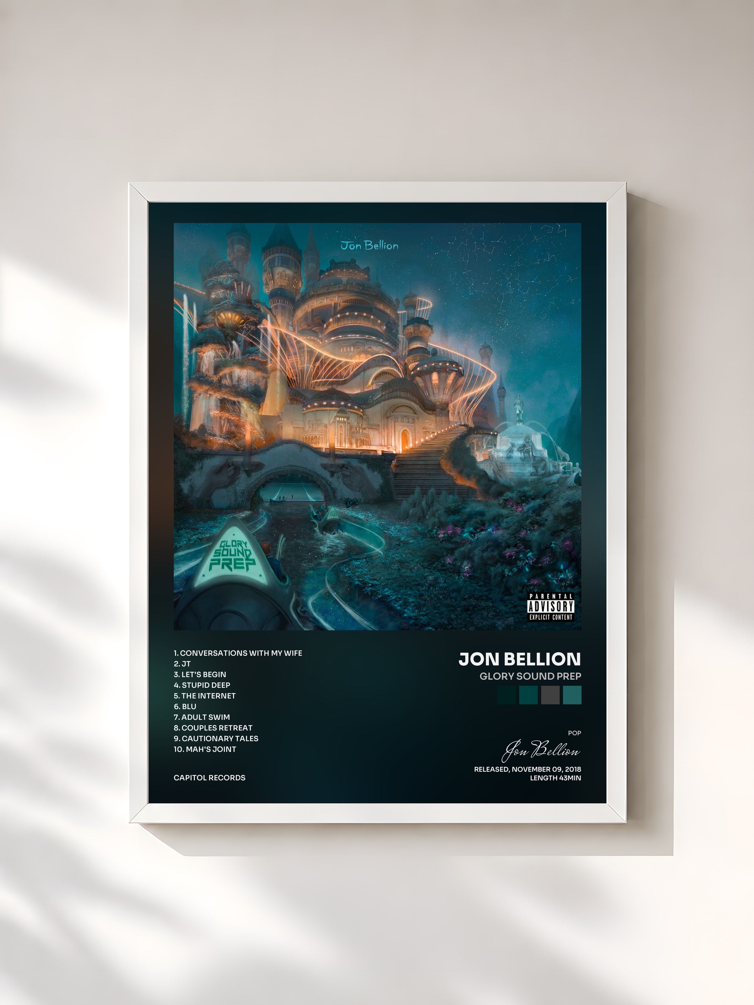#blanc Tableau de l'album Glory Sound Prep de Jon Bellion, cadre blanc, imprimé et encadré en France