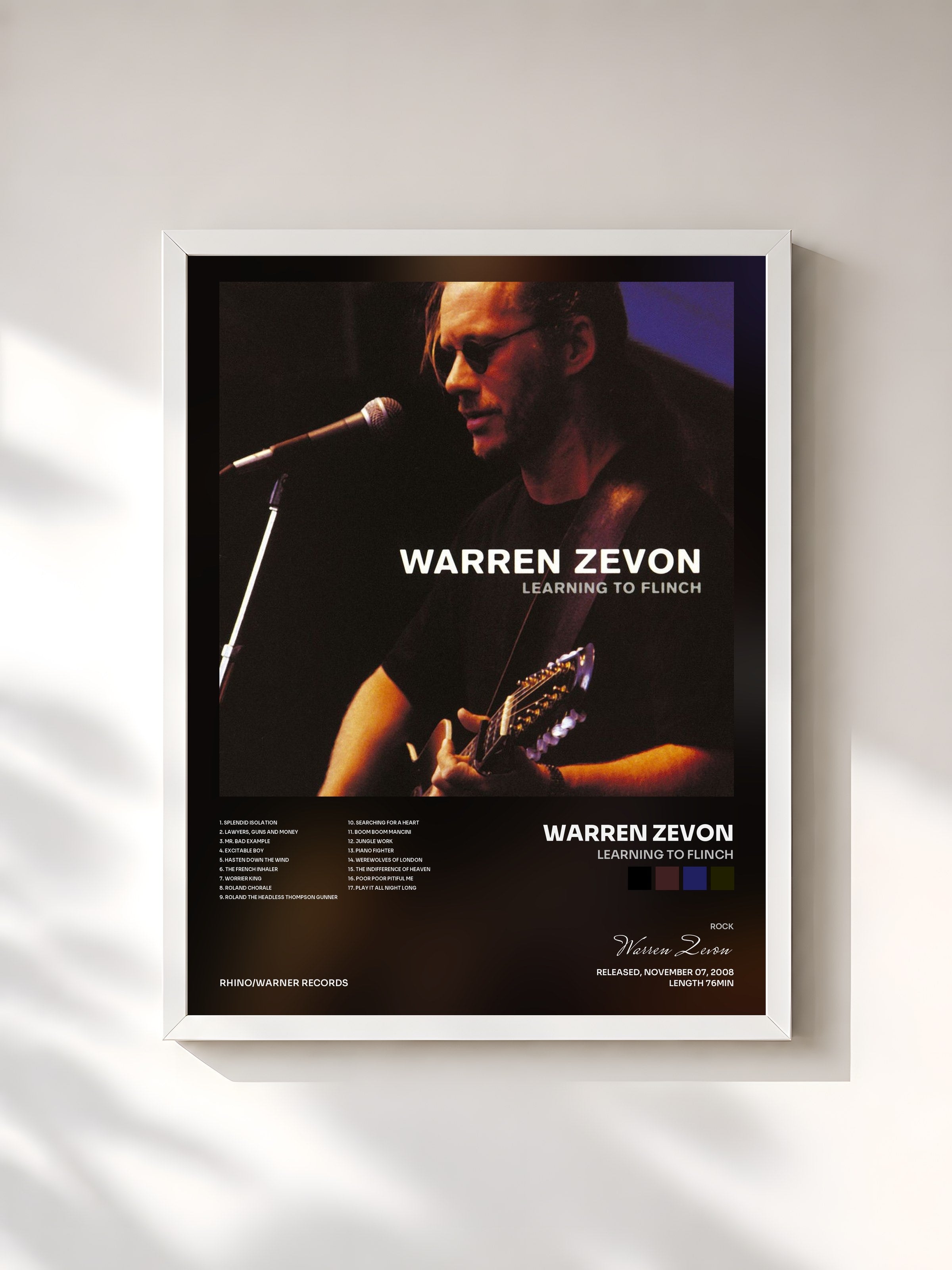 #blanc Tableau de l'album Learning to Flinch de Warren Zevon, cadre blanc, imprimé et encadré en France
