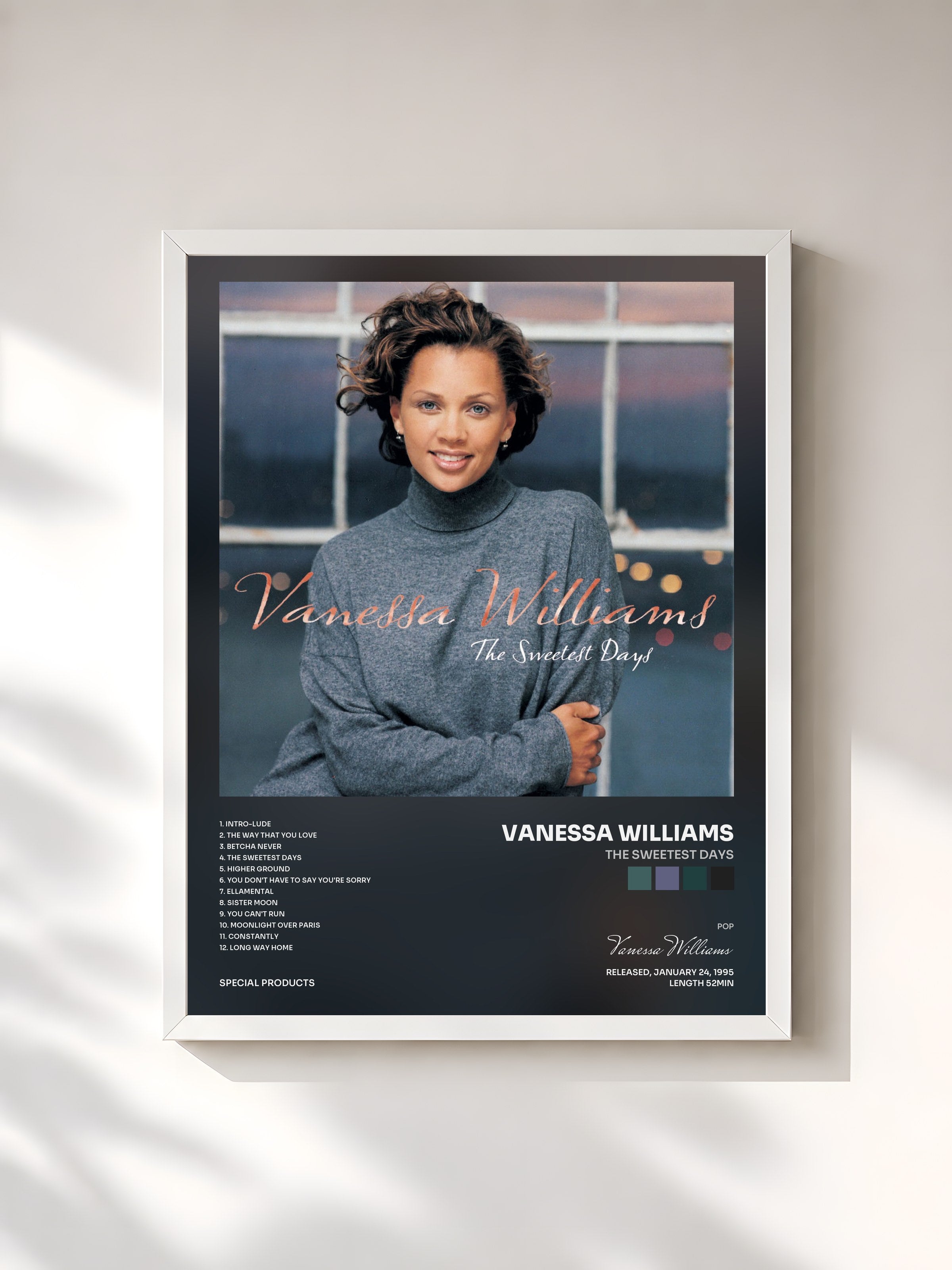 #blanc Tableau de l'album The Sweetest Days de Vanessa Williams, cadre blanc, imprimé et encadré en France