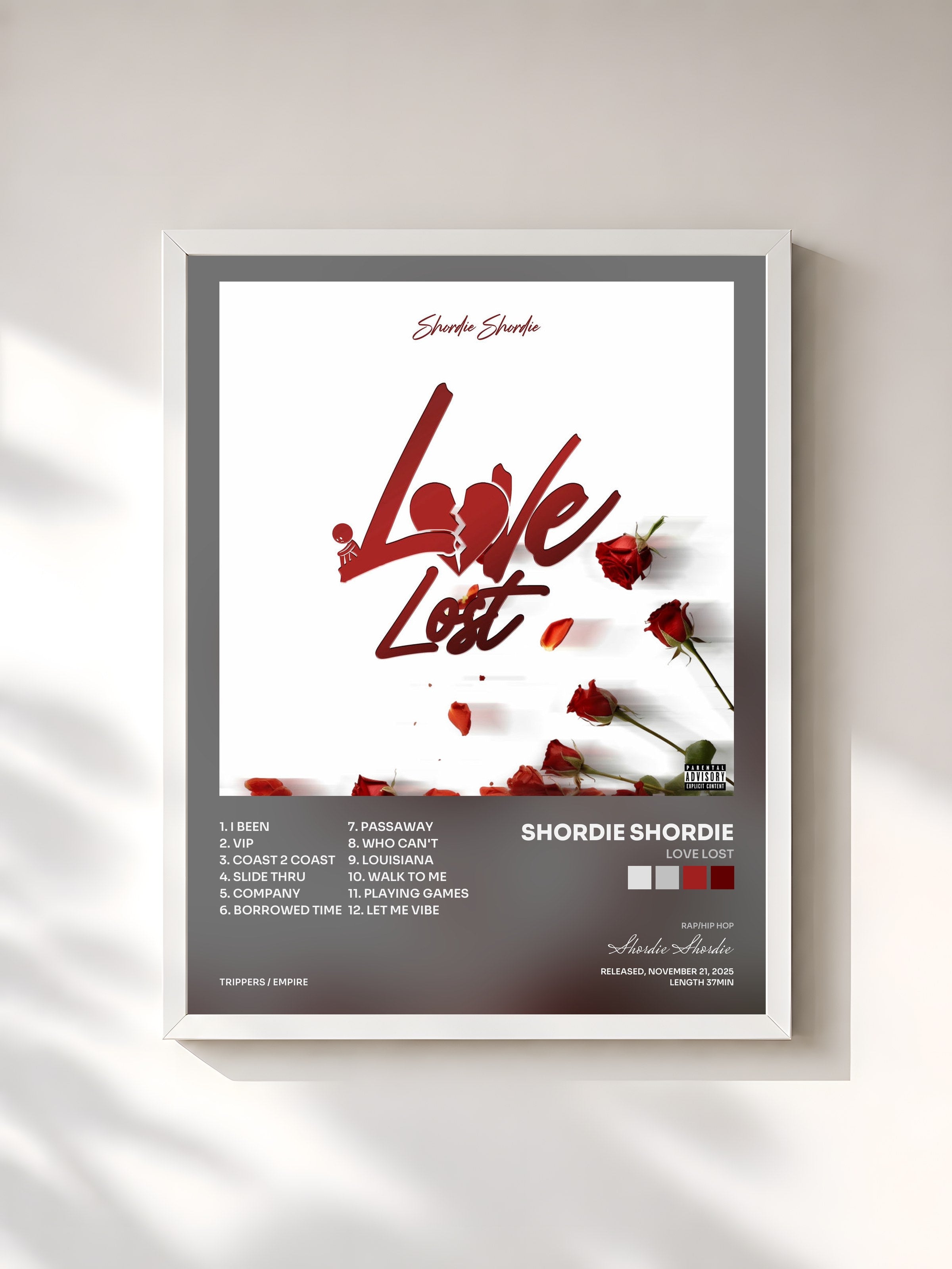 #blanc Tableau de l'album Love Lost de Shordie Shordie, cadre blanc, imprimé et encadré en France