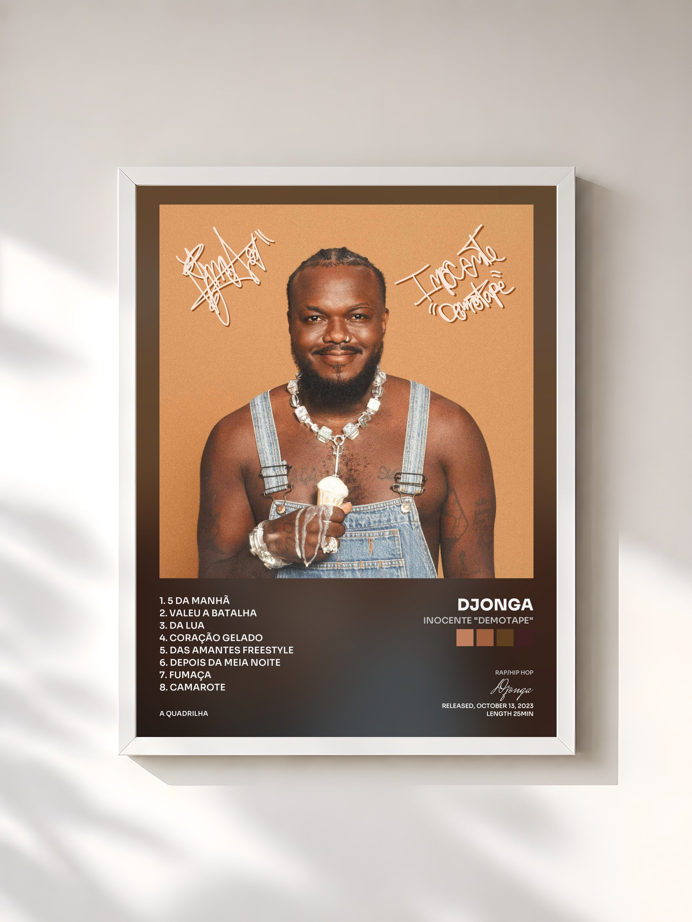 #blanc Tableau de l'album Inocente "Demotape" de Djonga, cadre blanc, imprimé et encadré en France