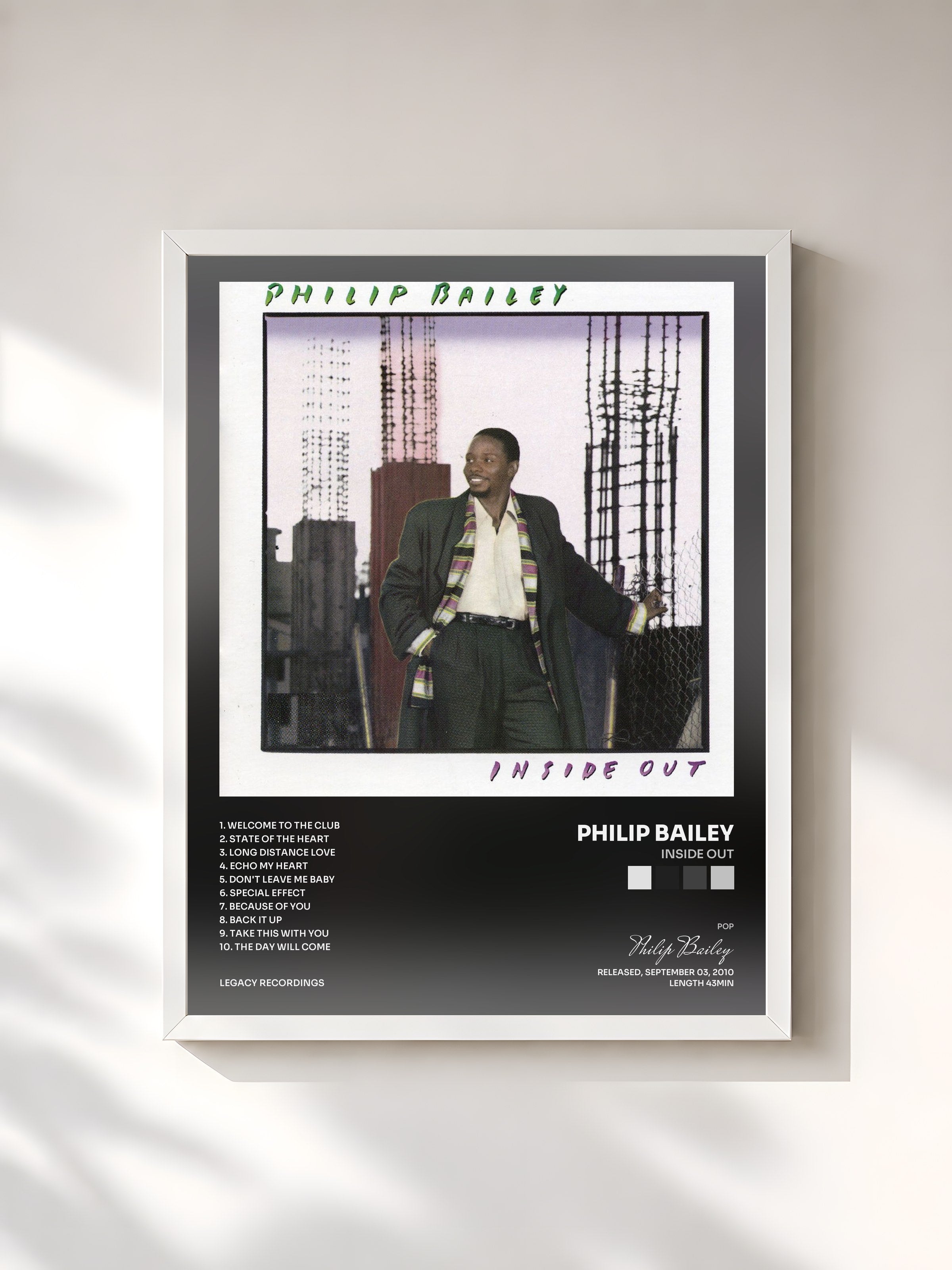 #blanc Tableau de l'album Inside Out de Philip Bailey, cadre blanc, imprimé et encadré en France