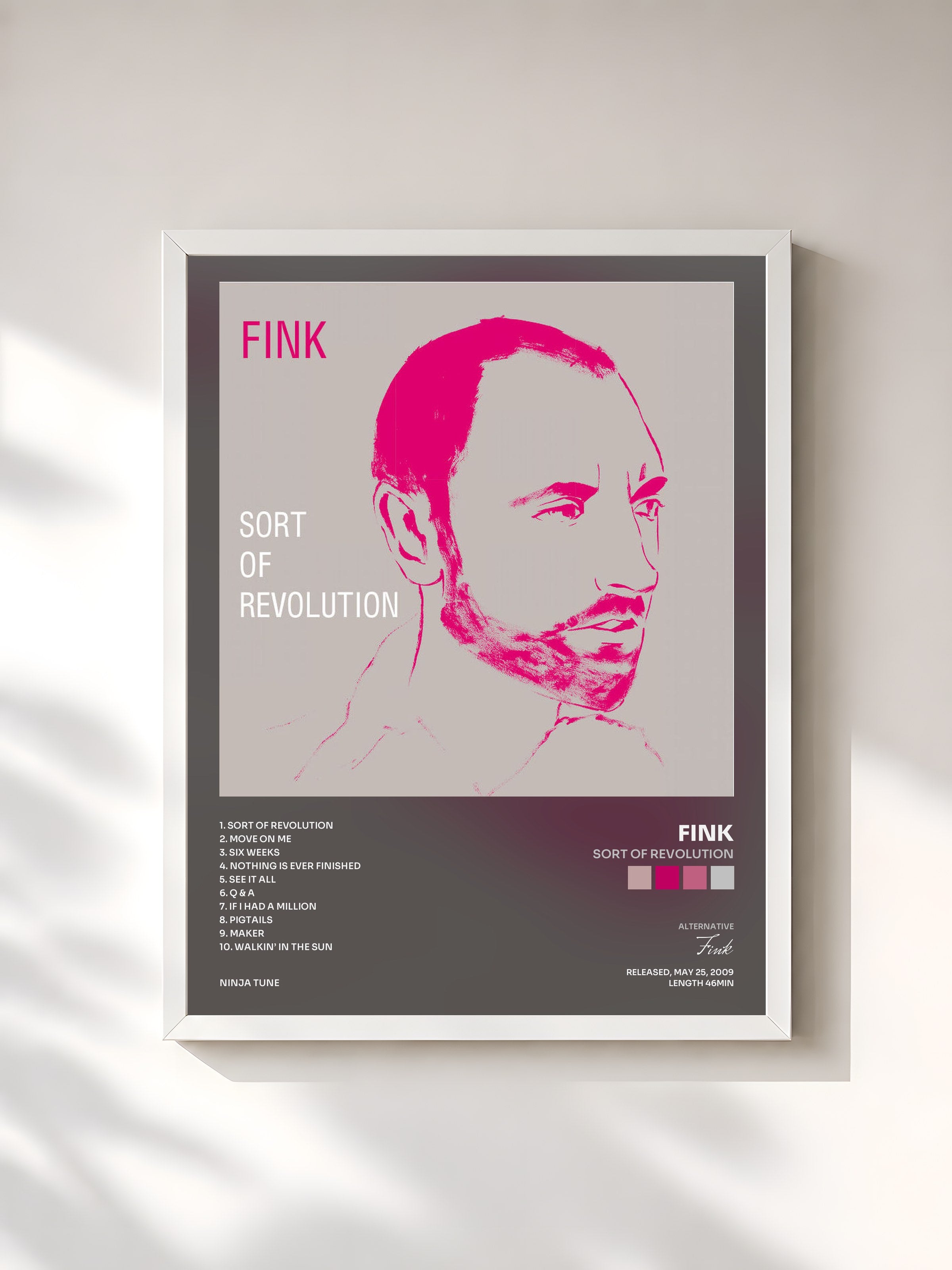 #blanc Tableau de l'album Sort of Revolution de Fink, cadre blanc, imprimé et encadré en France