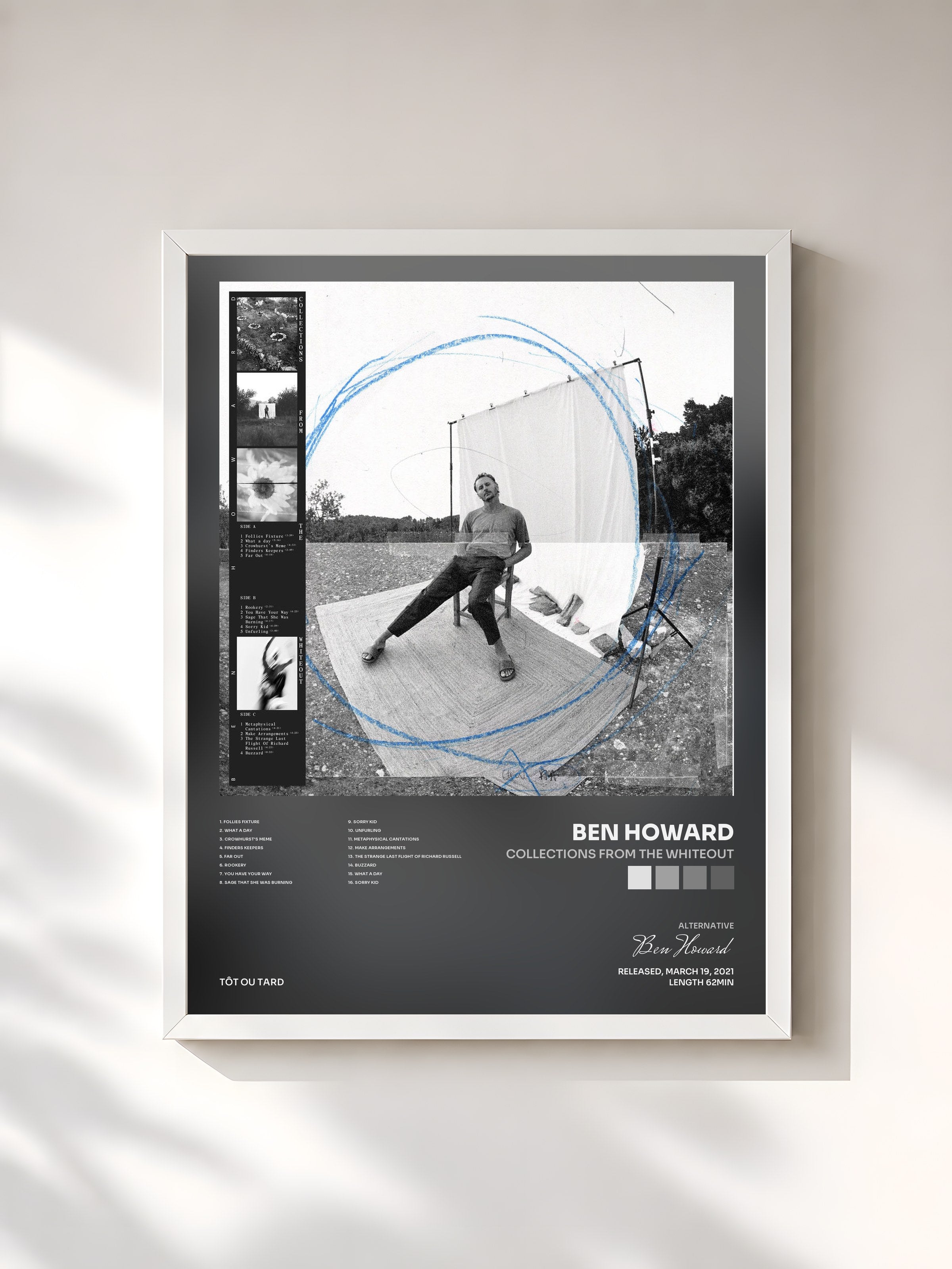 #blanc Tableau de l'album Collections from the Whiteout de Ben Howard, cadre blanc, imprimé et encadré en France
