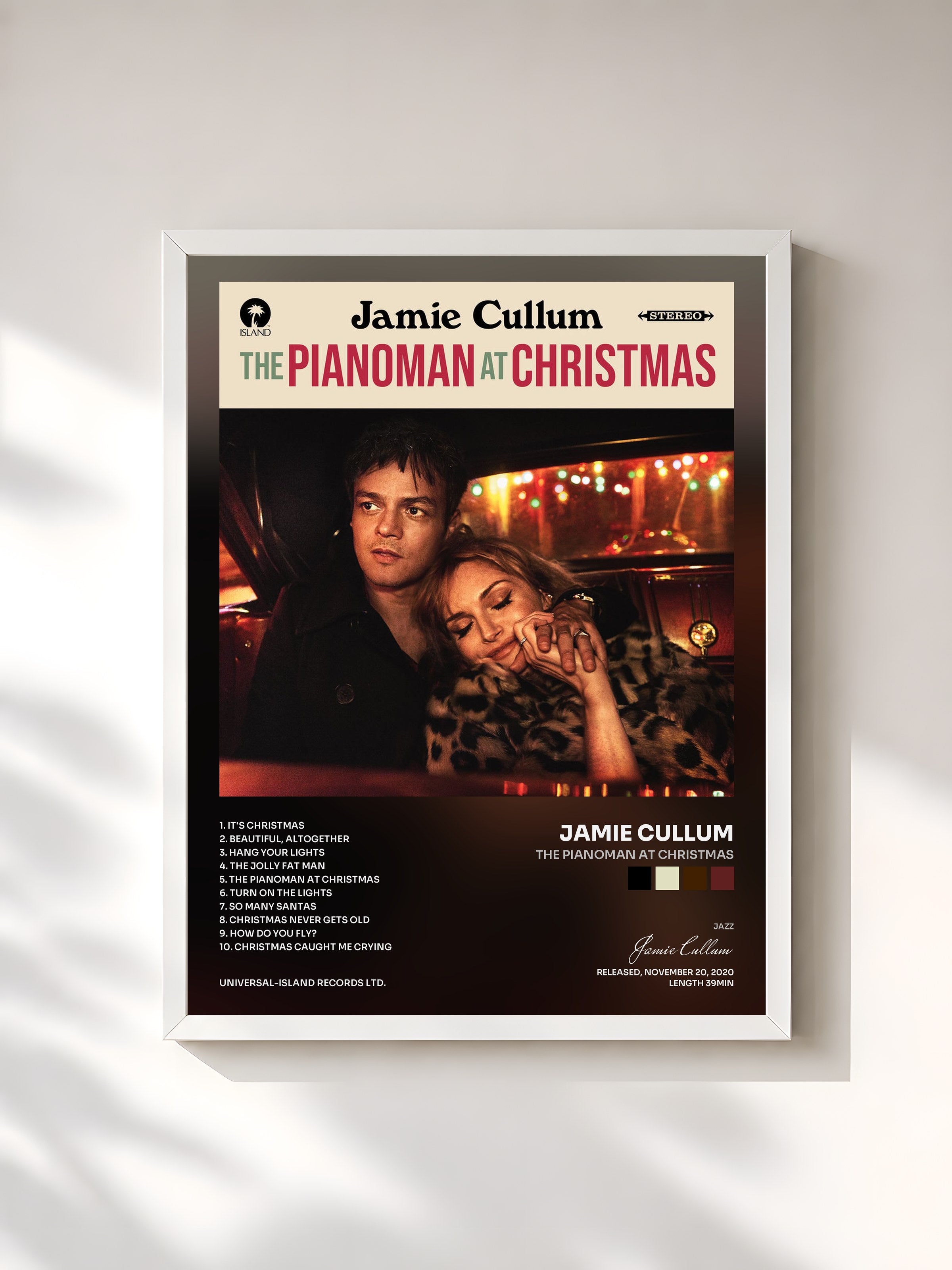 #blanc Tableau de l'album The Pianoman at Christmas de Jamie Cullum, cadre blanc, imprimé et encadré en France