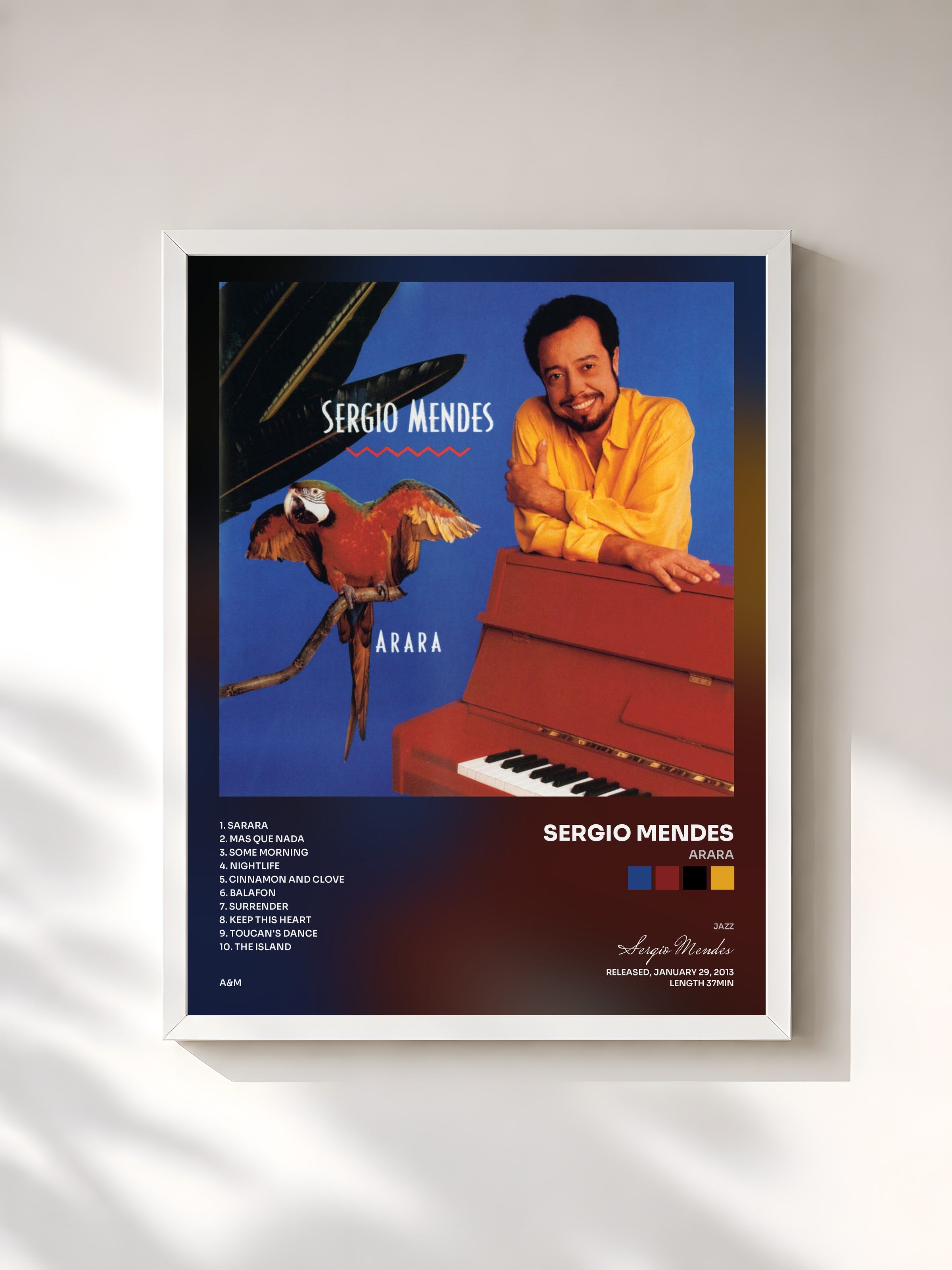 #blanc Tableau de l'album Arara de Sergio Mendes, cadre blanc, imprimé et encadré en France
