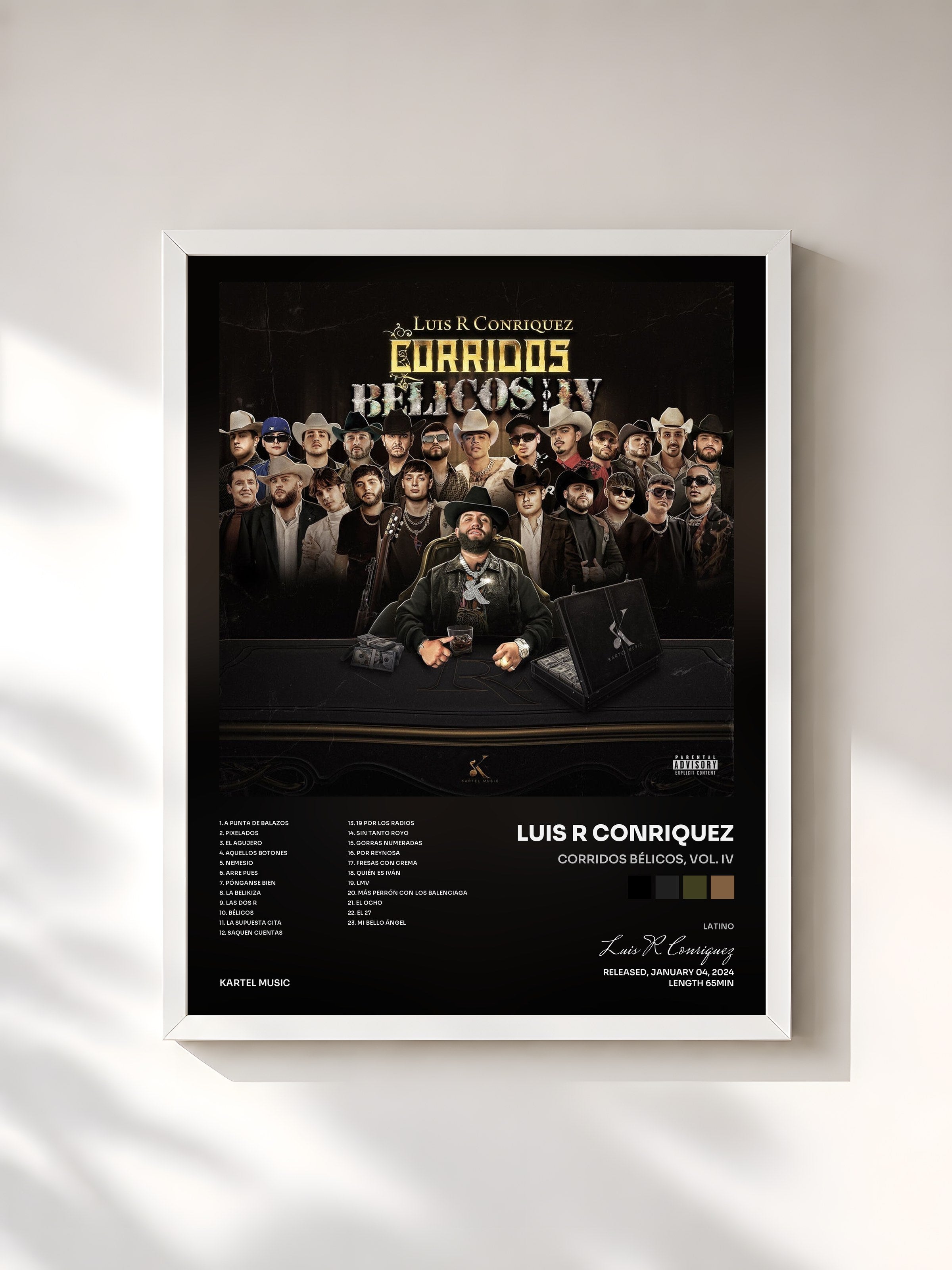 #blanc Tableau de l'album Corridos Bélicos, Vol. IV de Luis R Conriquez, cadre blanc, imprimé et encadré en France