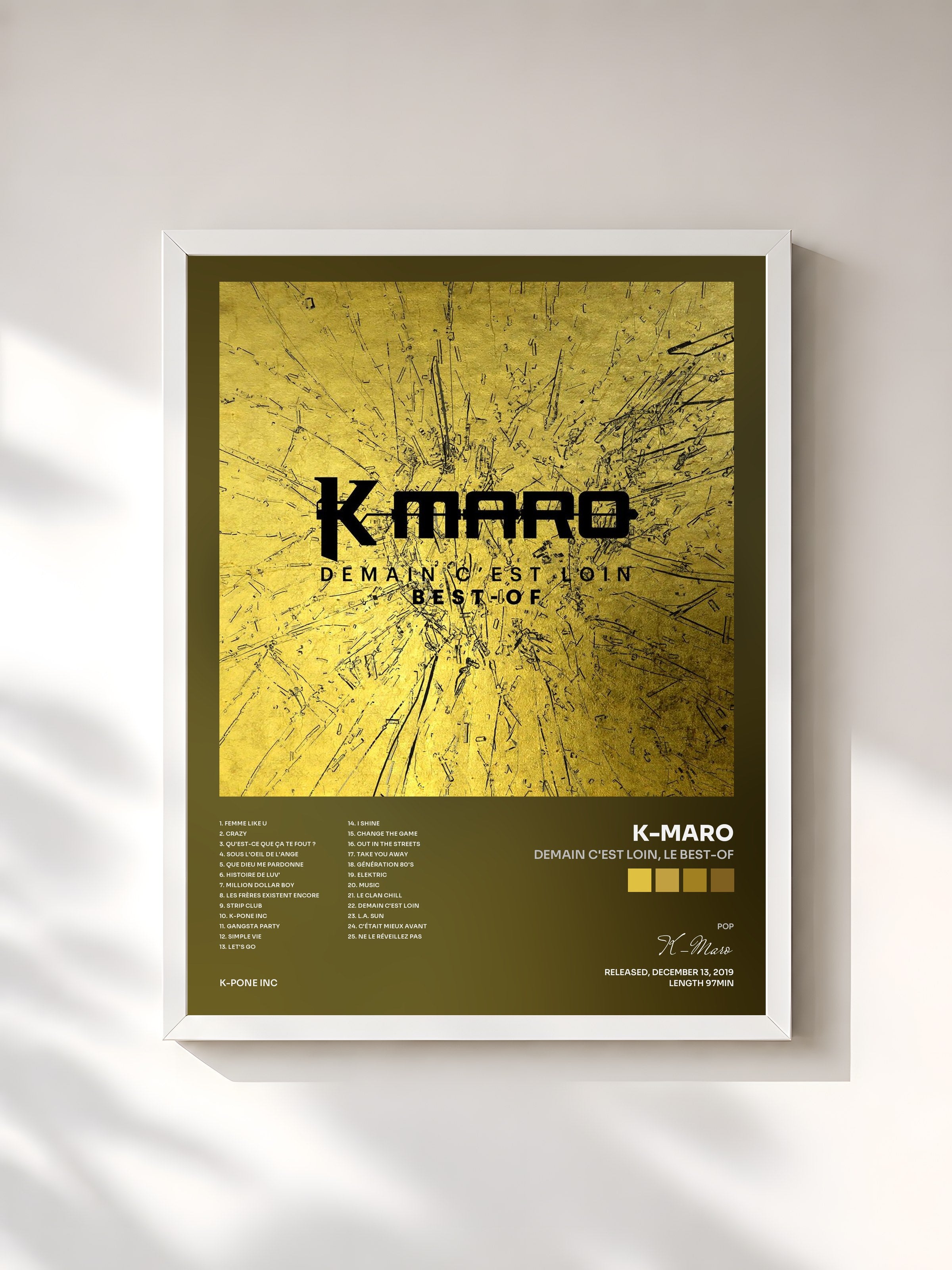 #blanc Tableau de l'album Demain c'est loin, le Best-Of de K-Maro, cadre blanc, imprimé et encadré en France