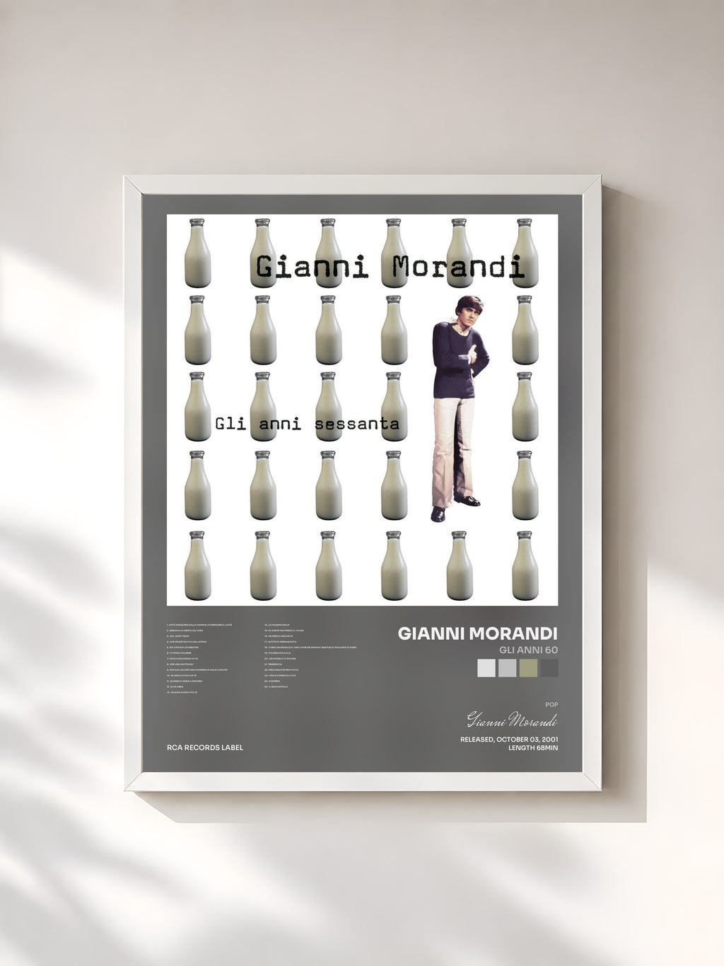 #blanc Tableau de l'album Gli Anni 60 de Gianni Morandi, cadre blanc, imprimé et encadré en France