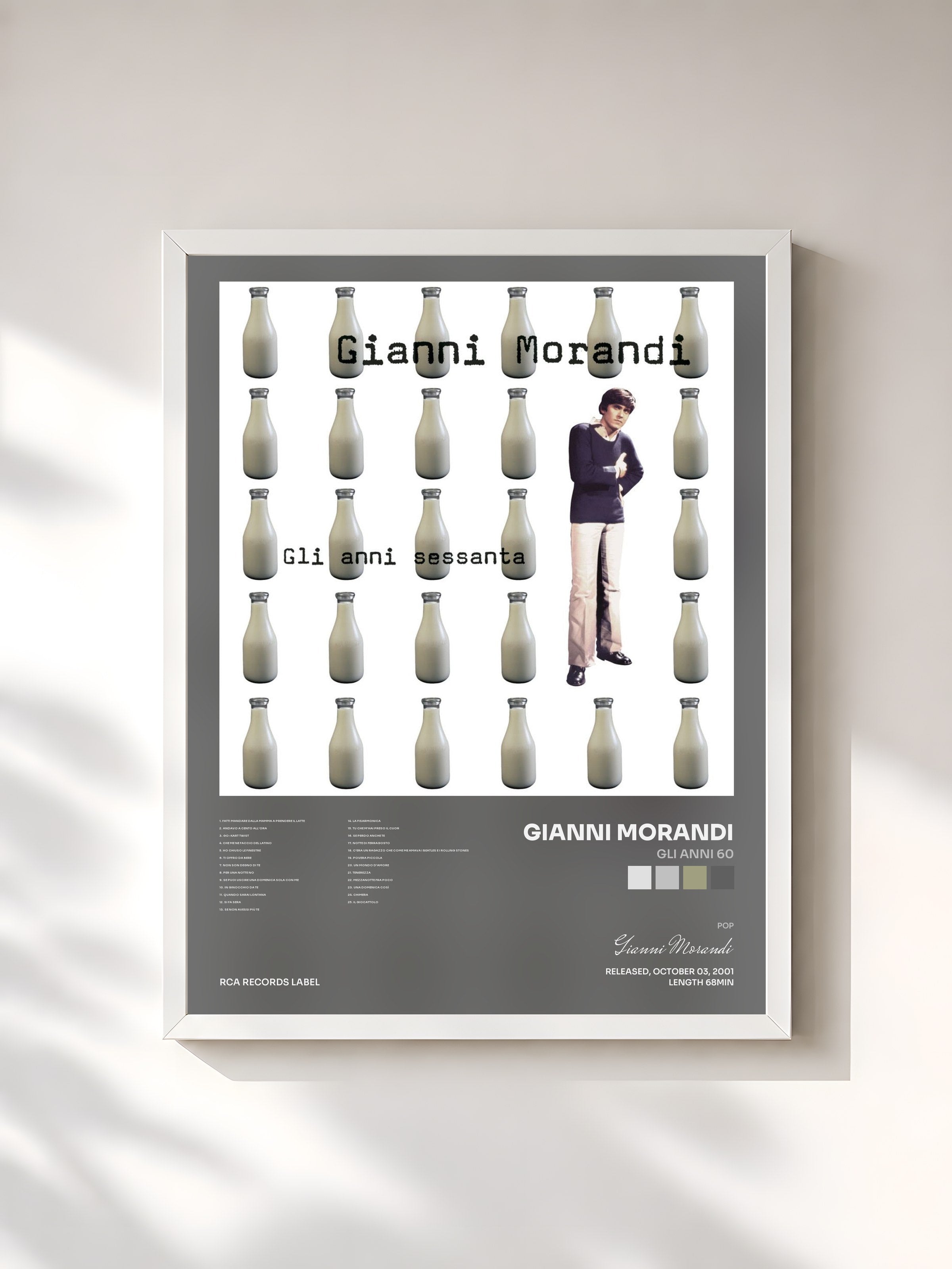 #blanc Tableau de l'album Gli Anni 60 de Gianni Morandi, cadre blanc, imprimé et encadré en France