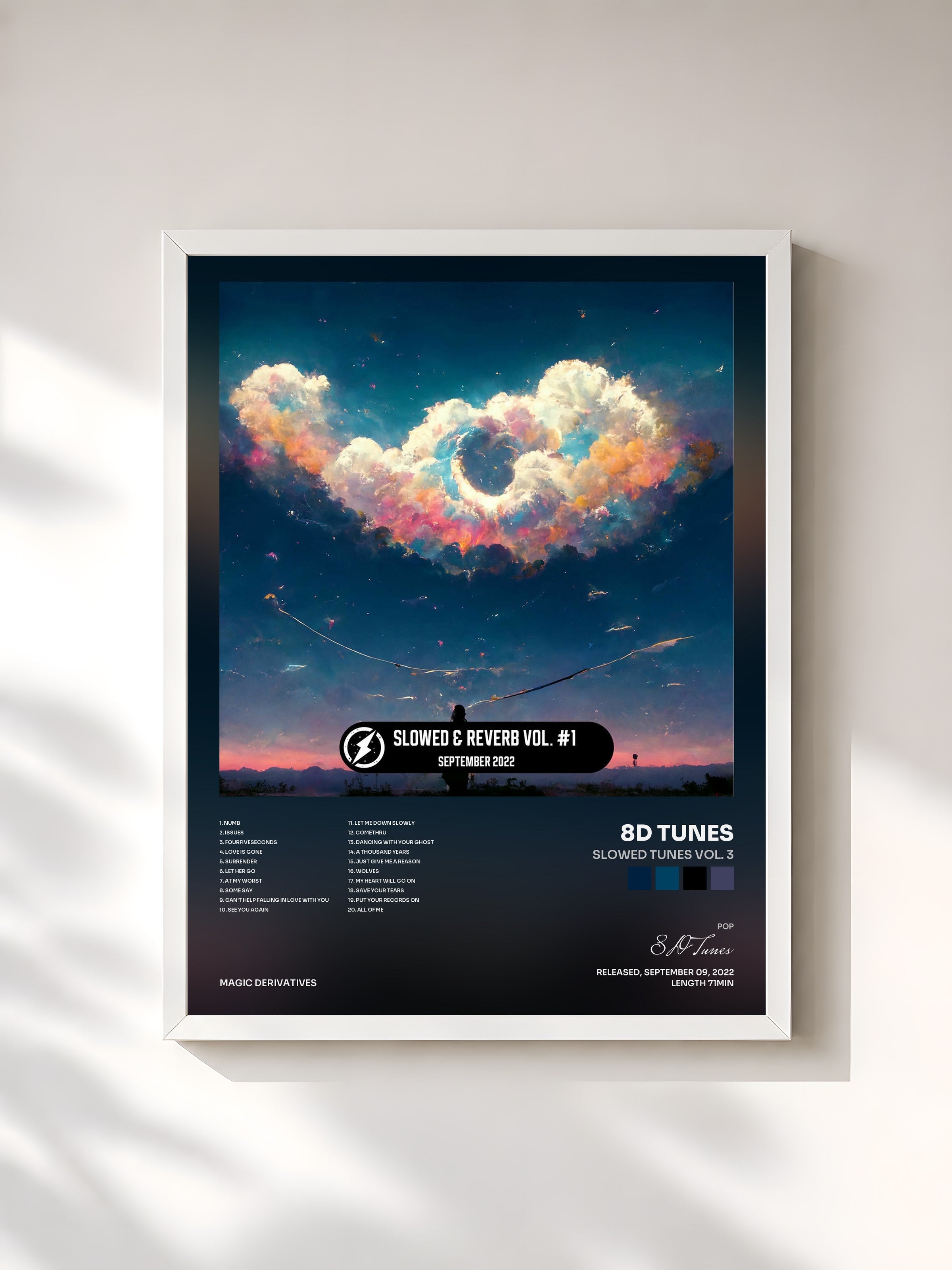 #blanc Tableau de l'album Slowed Tunes Vol. 3 de 8D Tunes, cadre blanc, imprimé et encadré en France
