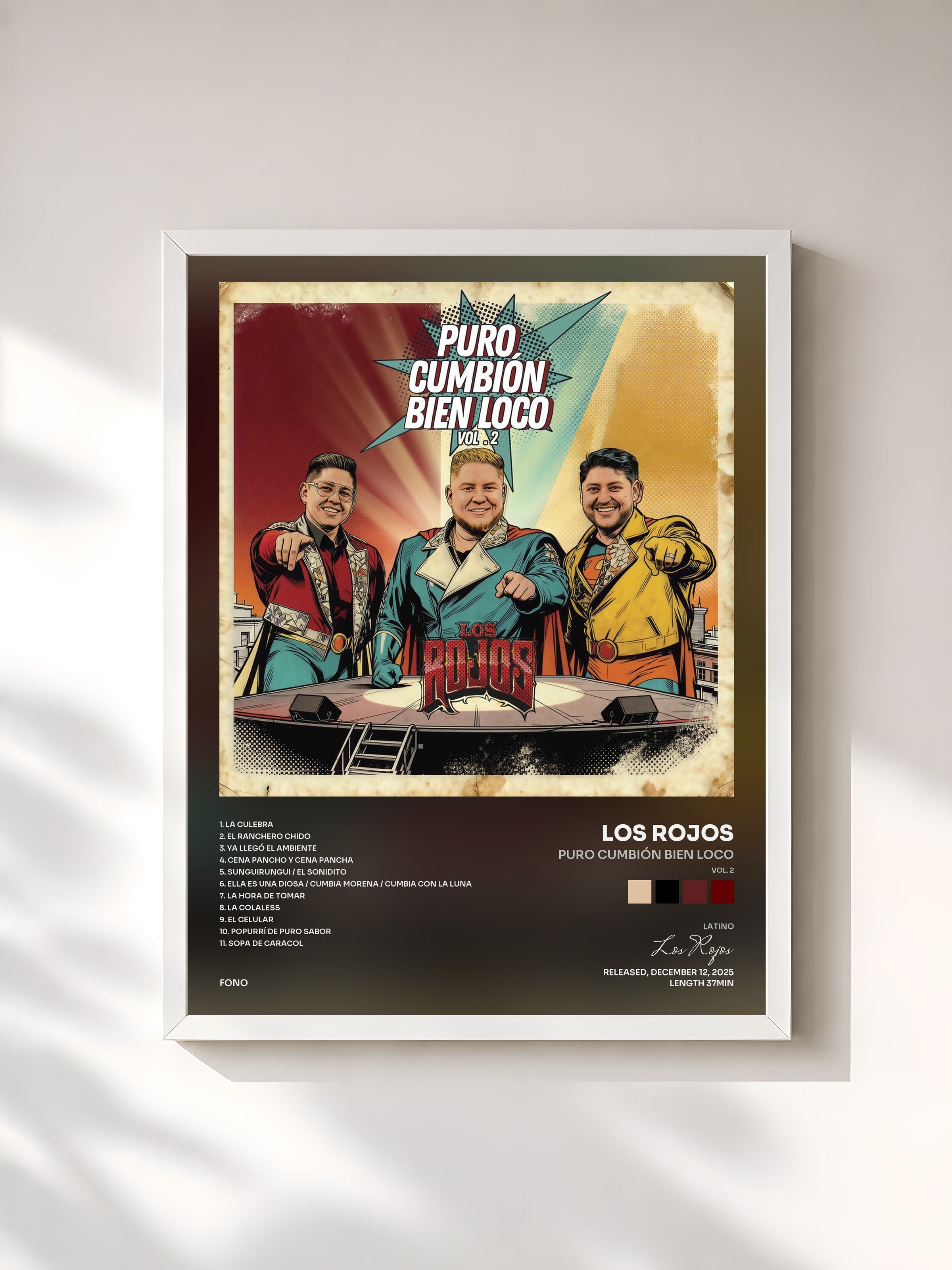 #blanc Tableau de l'album Puro Cumbión Bien Loco (Vol. 2) de Los Rojos, cadre blanc, imprimé et encadré en France