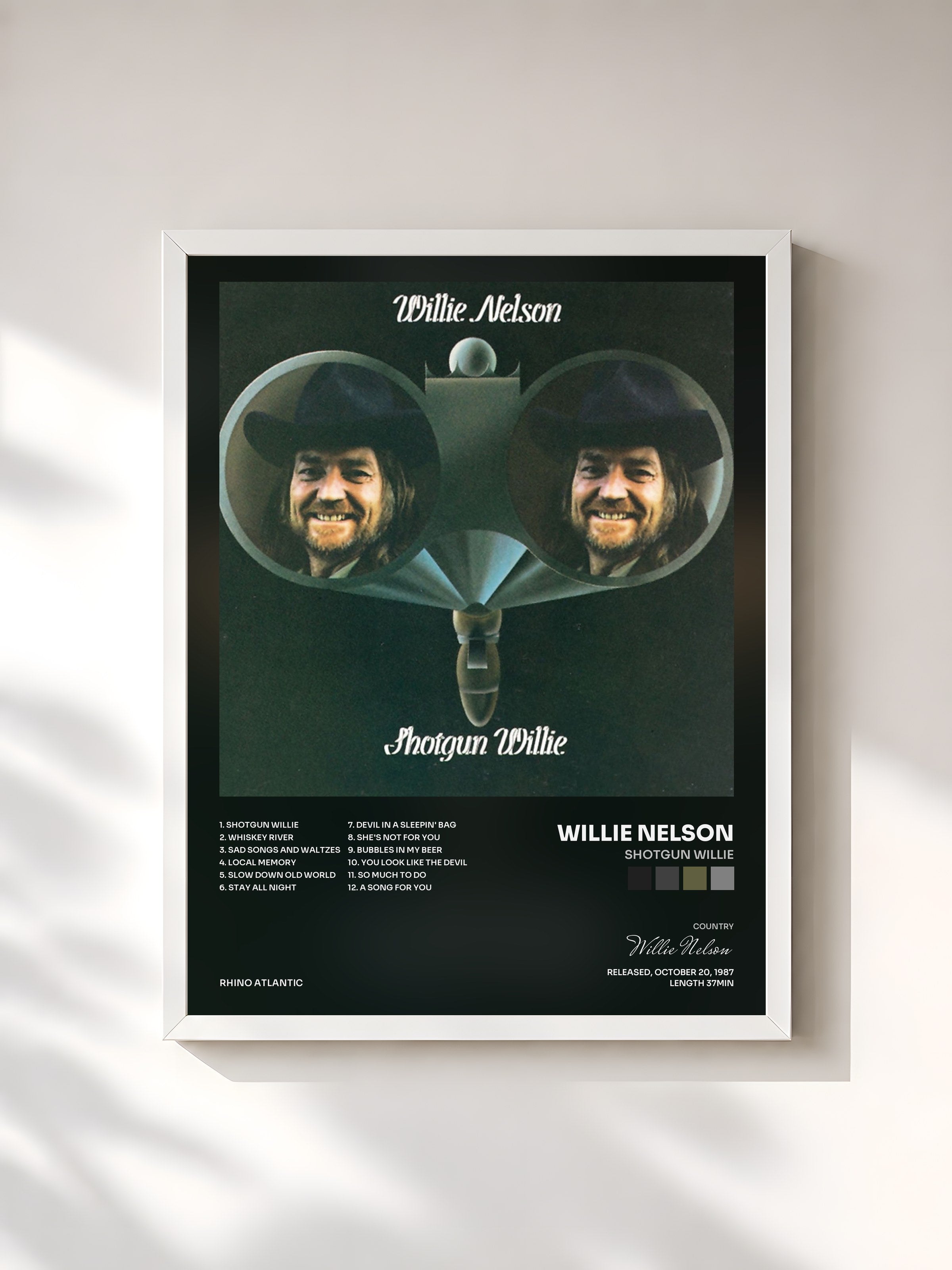 #blanc Tableau de l'album Shotgun Willie de Willie Nelson, cadre blanc, imprimé et encadré en France