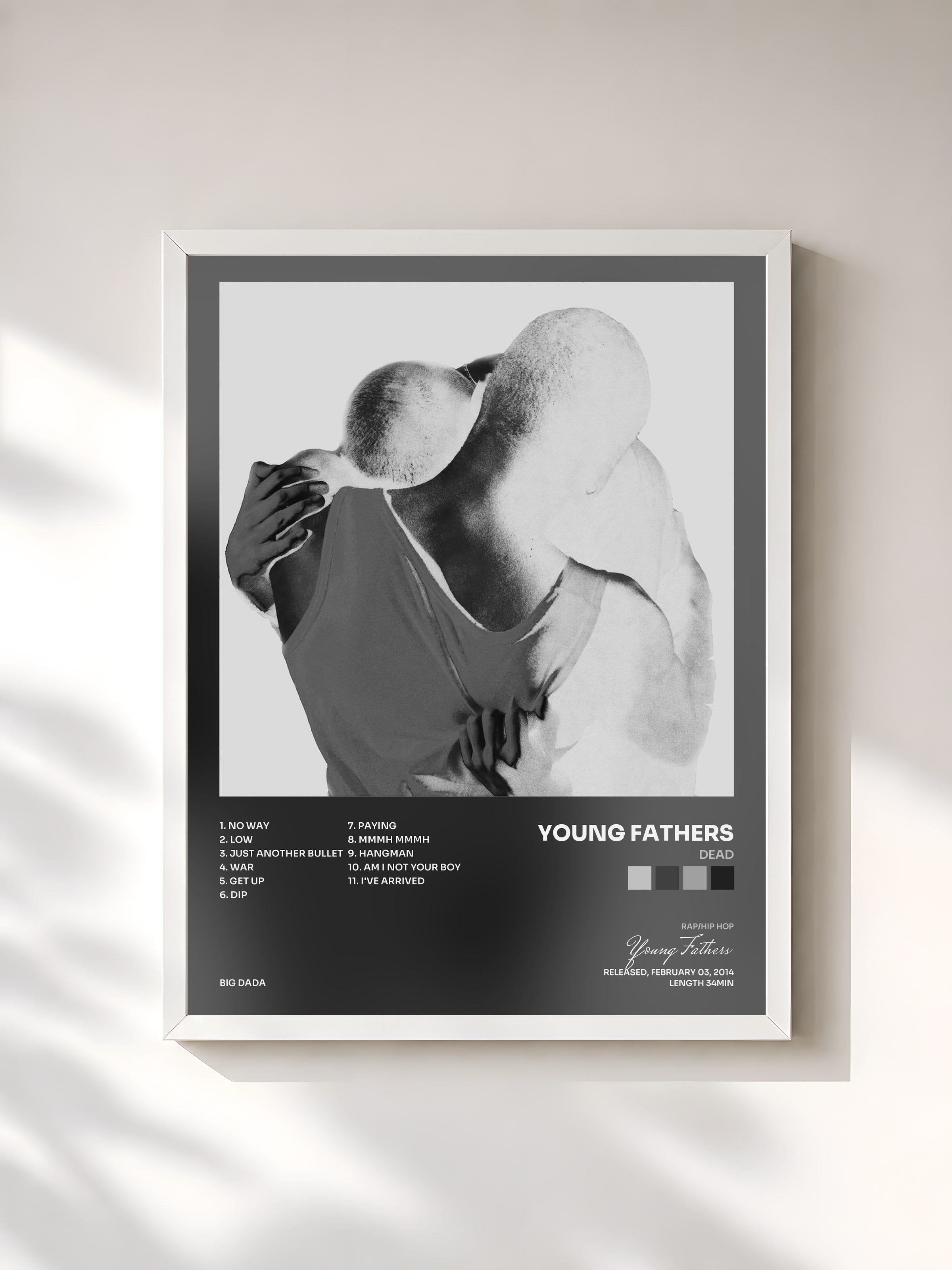 #blanc Tableau de l'album DEAD de Young Fathers, cadre blanc, imprimé et encadré en France