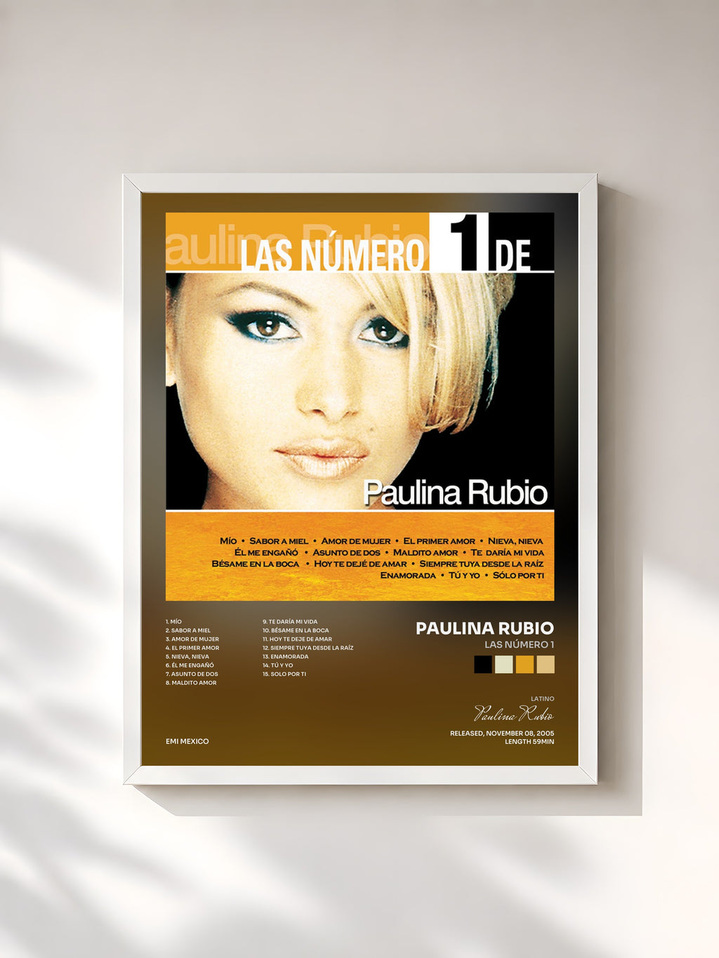 #blanc Tableau de l'album Las Número 1 de Paulina Rubio, cadre blanc, imprimé et encadré en France