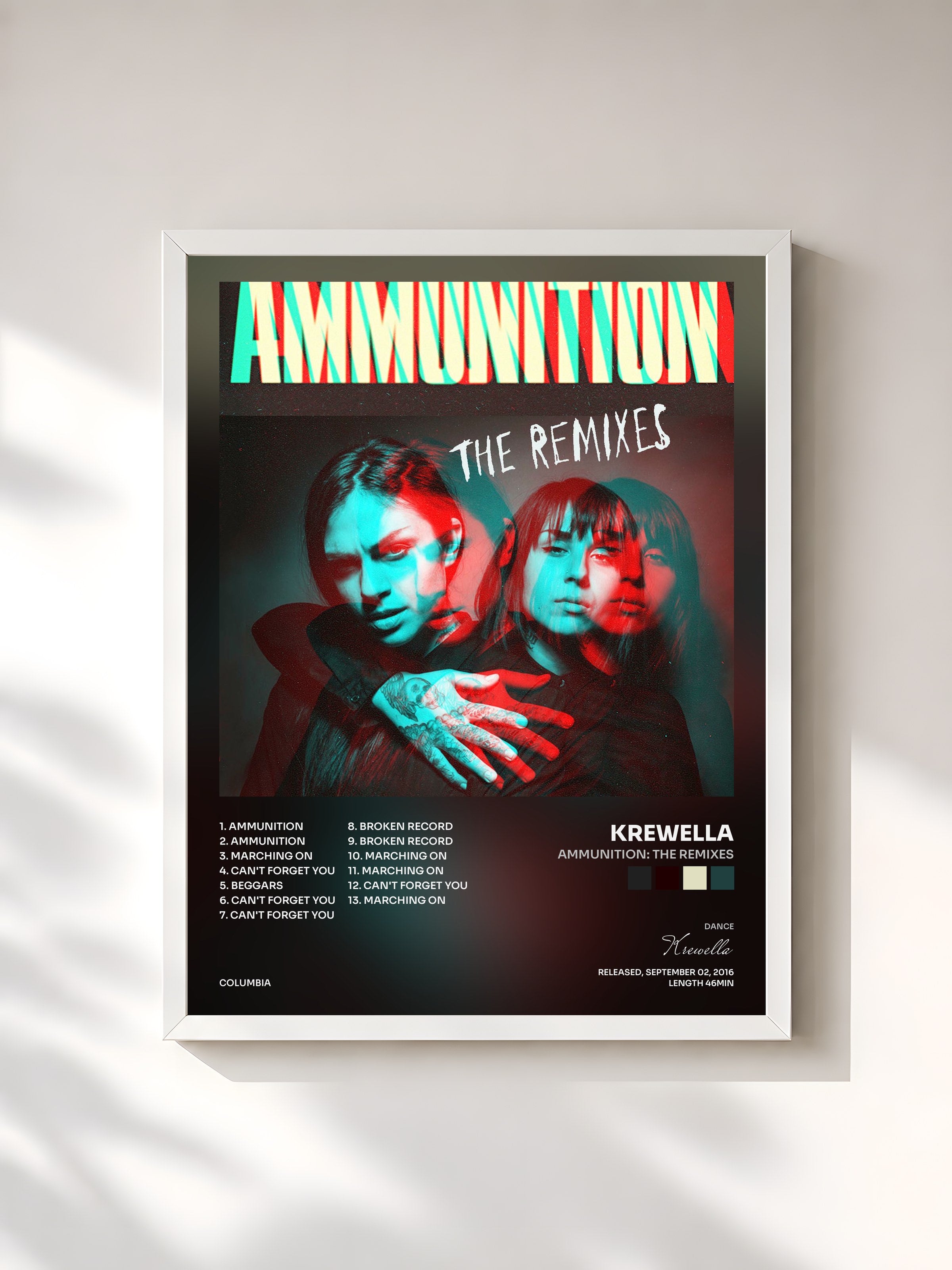 #blanc Tableau de l'album Ammunition: The Remixes de Krewella, cadre blanc, imprimé et encadré en France