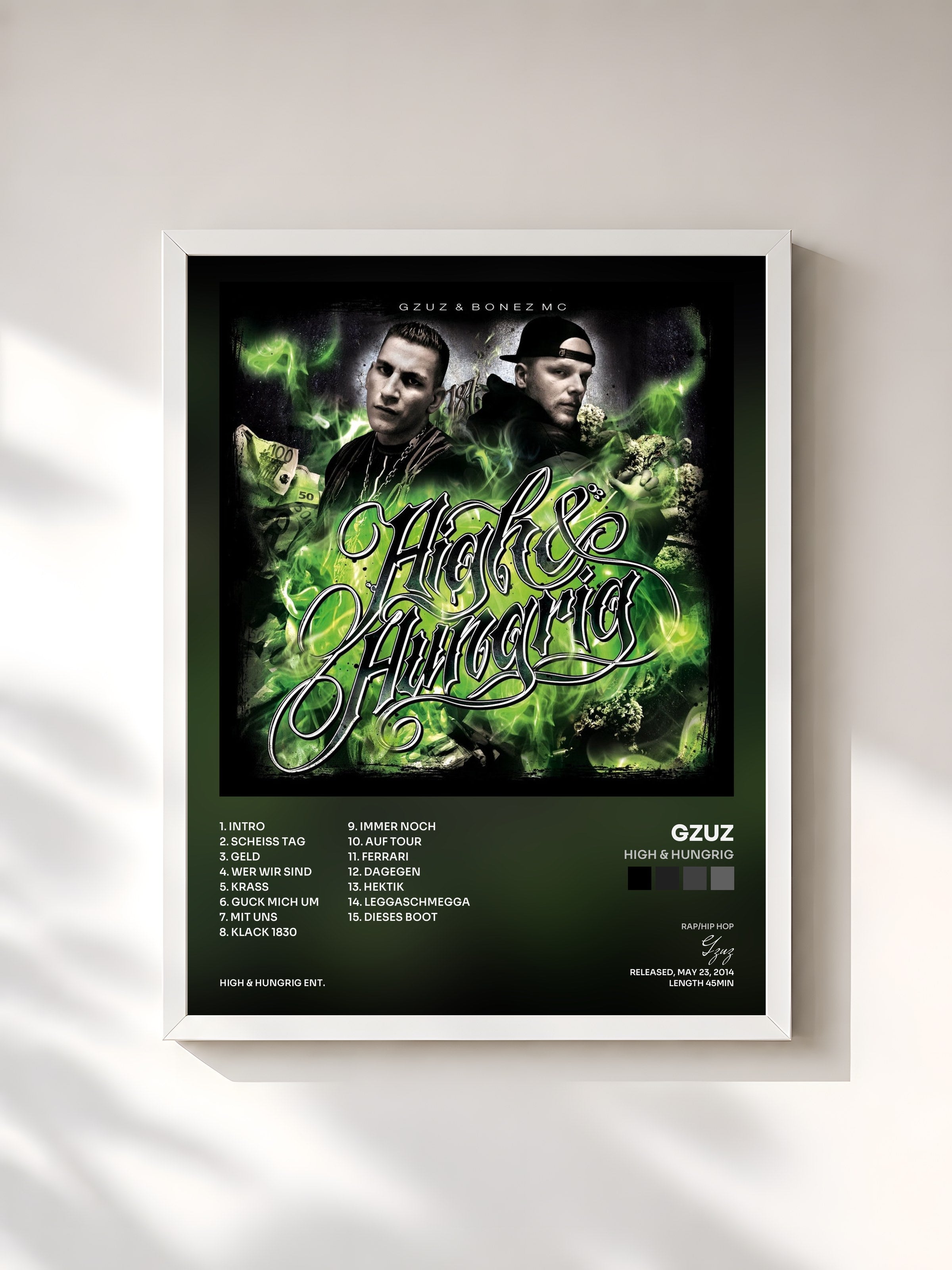 #blanc Tableau de l'album High & Hungrig de Gzuz, cadre blanc, imprimé et encadré en France