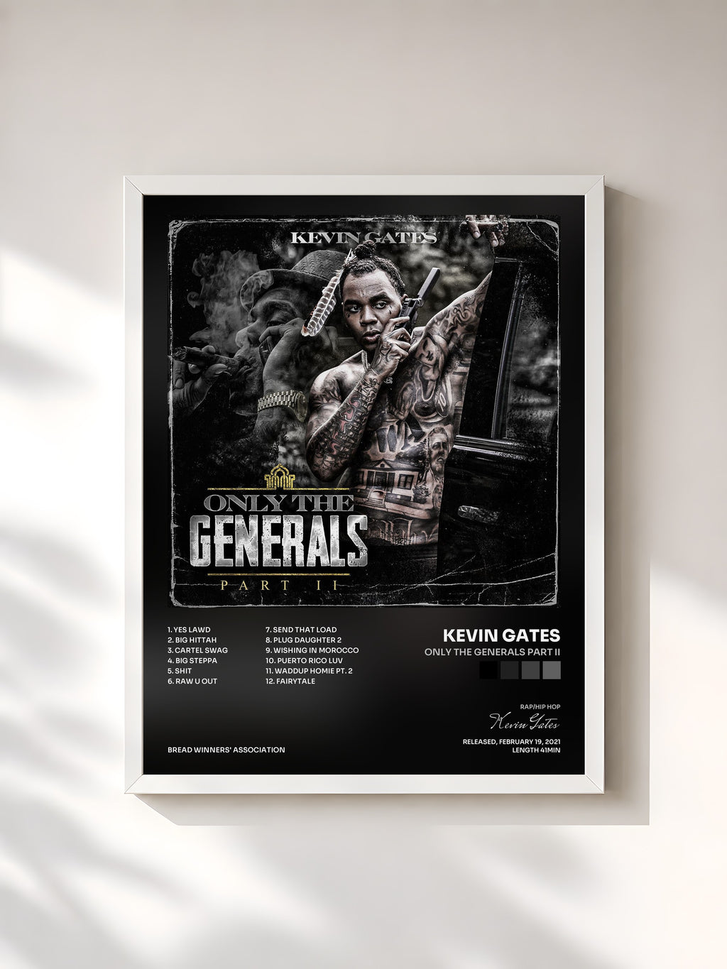 #blanc Tableau de l'album Only The Generals Part II de Kevin Gates, cadre blanc, imprimé et encadré en France