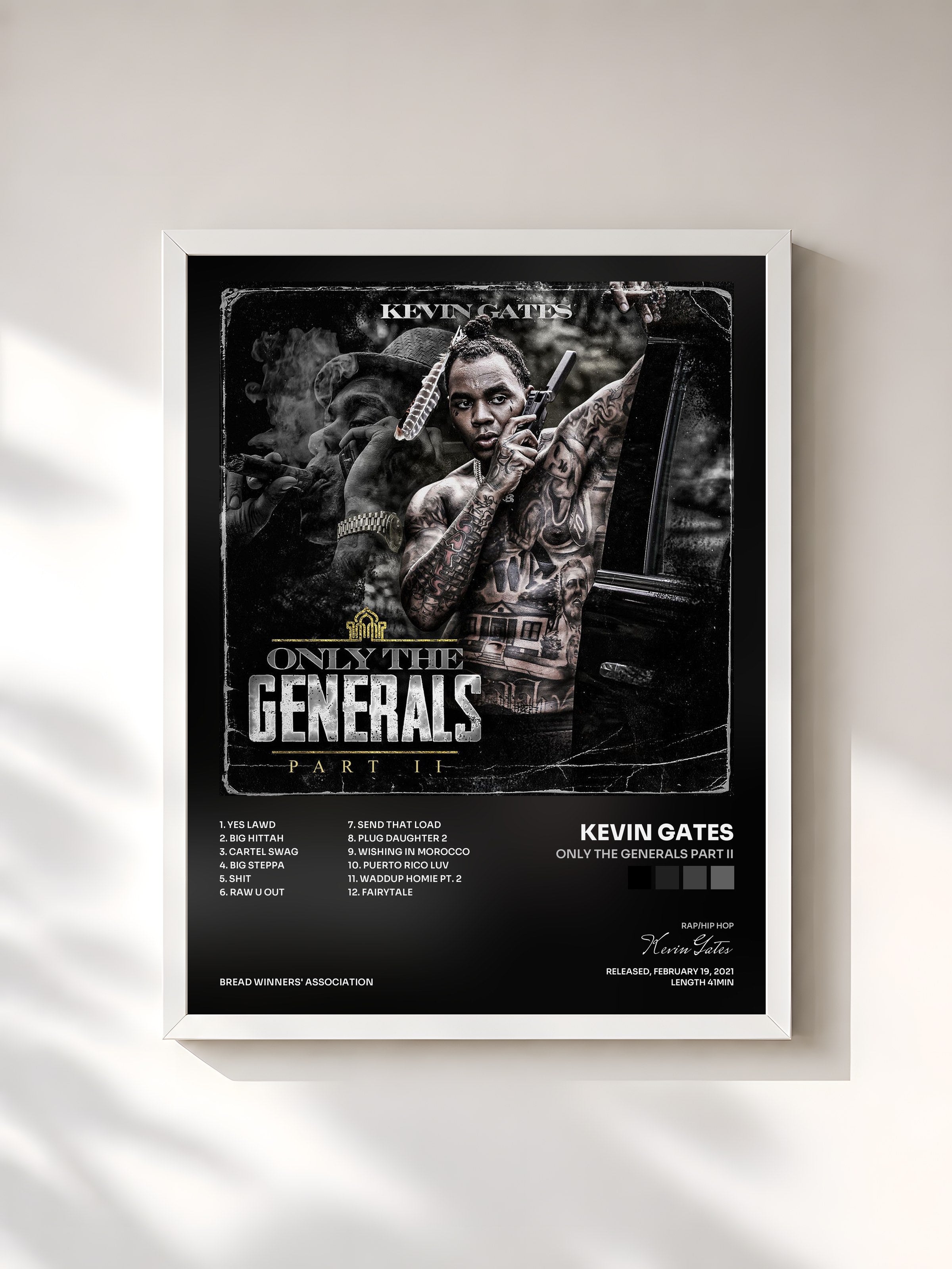 #blanc Tableau de l'album Only The Generals Part II de Kevin Gates, cadre blanc, imprimé et encadré en France