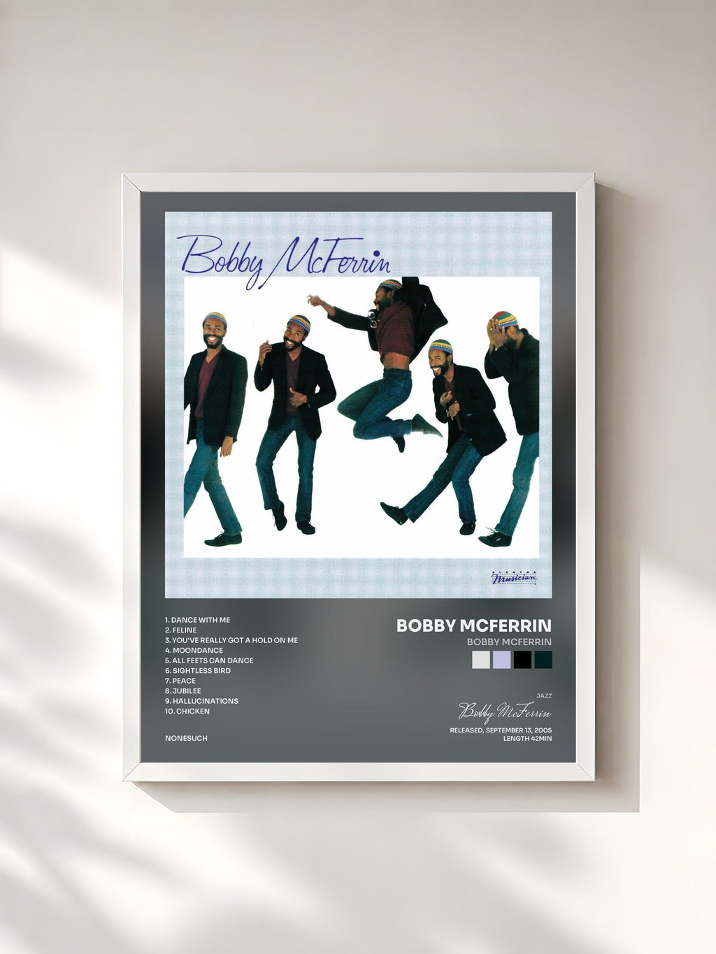 #blanc Tableau de l'album Bobby McFerrin de Bobby McFerrin, cadre blanc, imprimé et encadré en France
