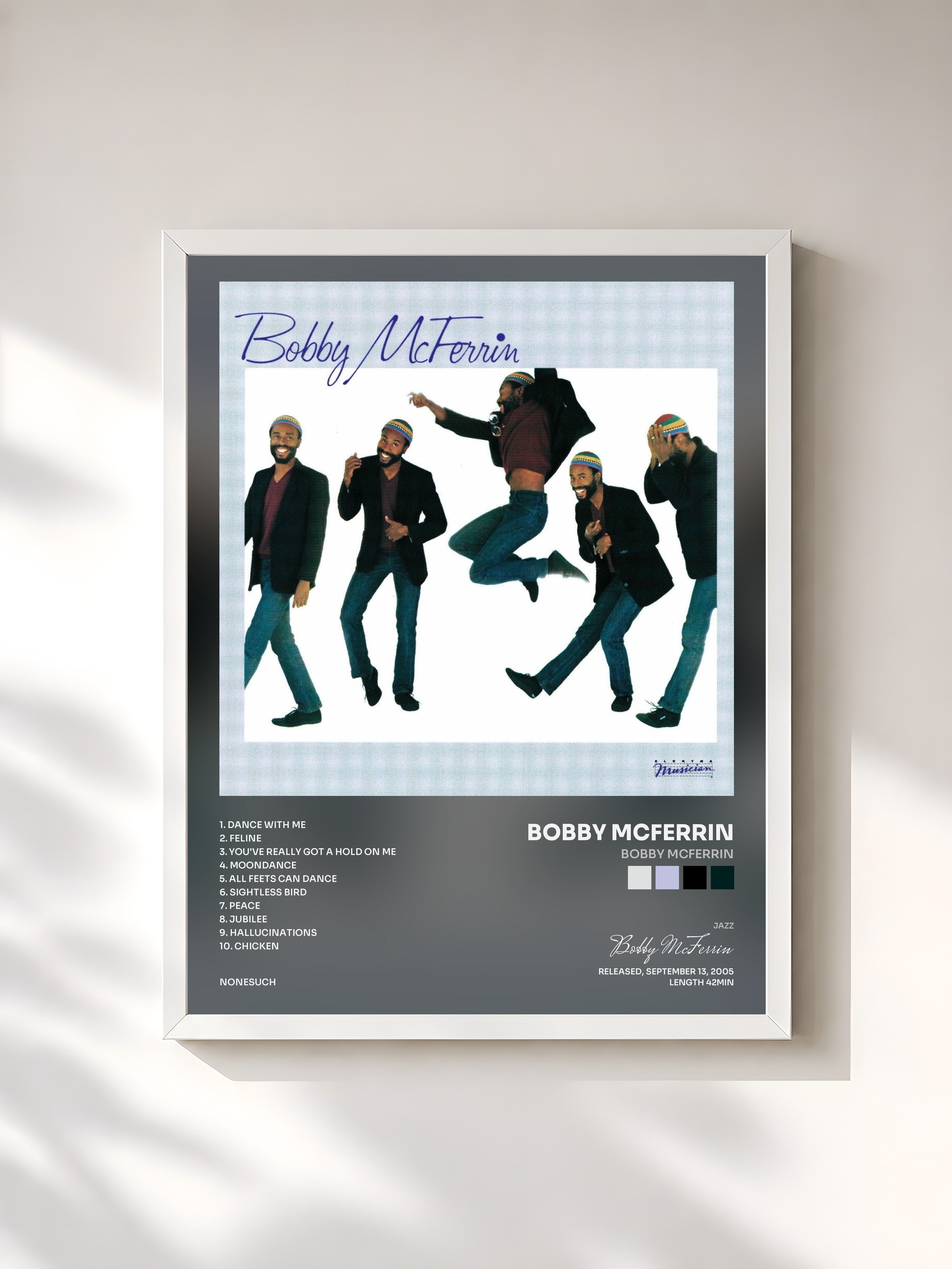 #blanc Tableau de l'album Bobby McFerrin de Bobby McFerrin, cadre blanc, imprimé et encadré en France