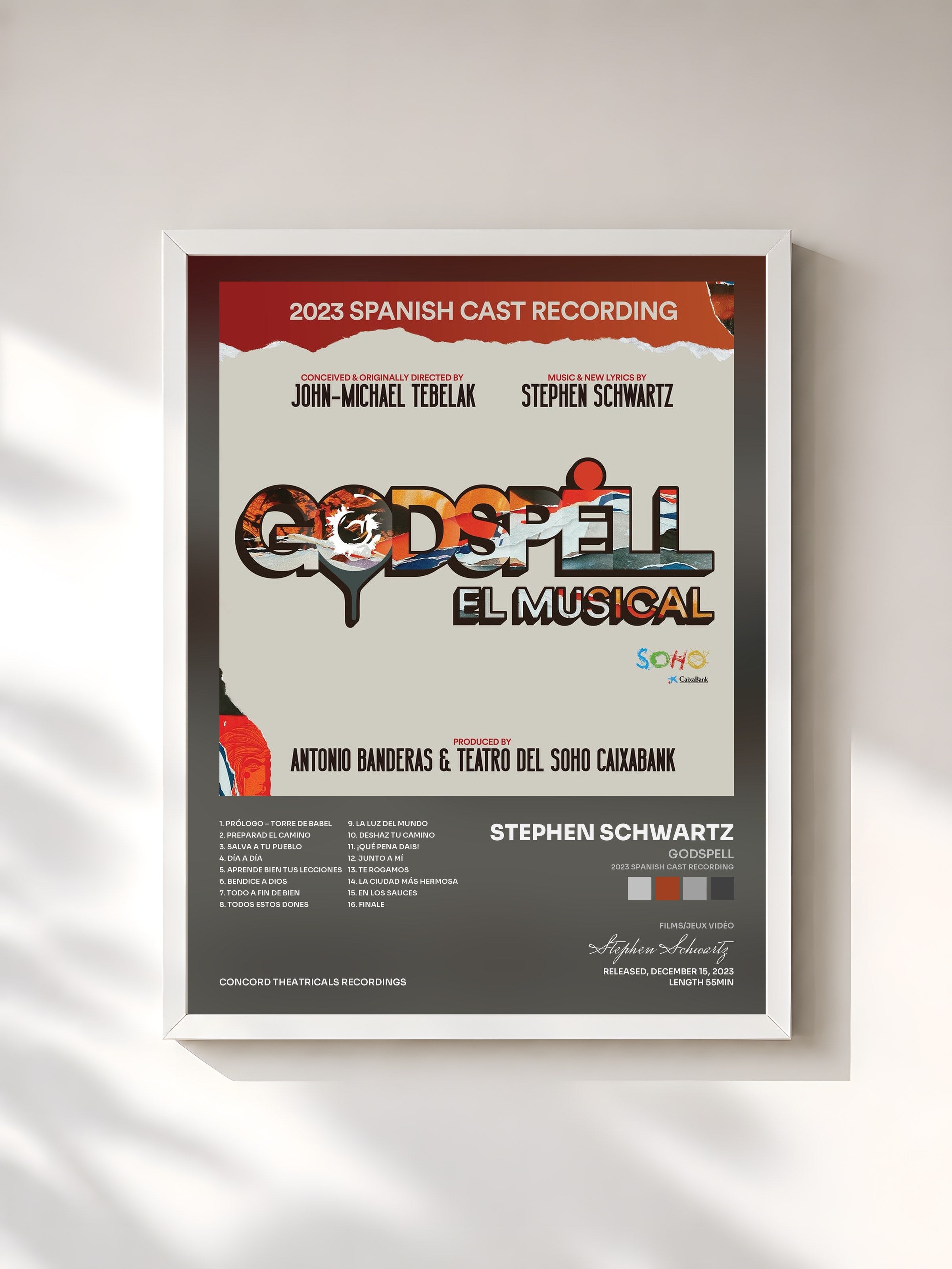 #blanc Tableau de l'album Godspell (2023 Spanish Cast Recording) de Stephen Schwartz, cadre blanc, imprimé et encadré en France