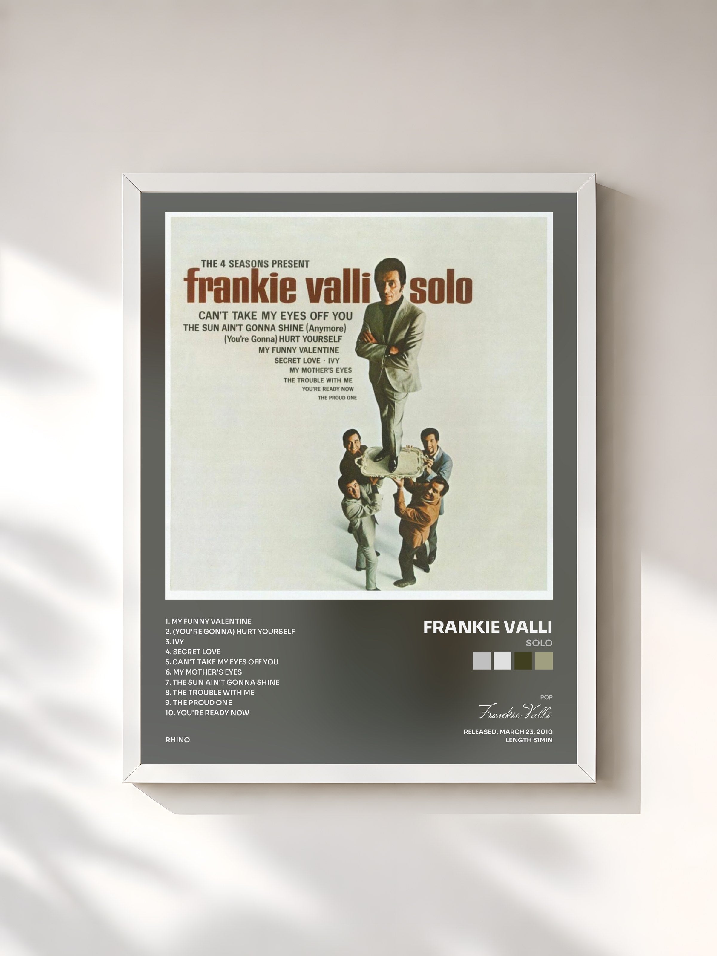 #blanc Tableau de l'album Solo de Frankie Valli, cadre blanc, imprimé et encadré en France