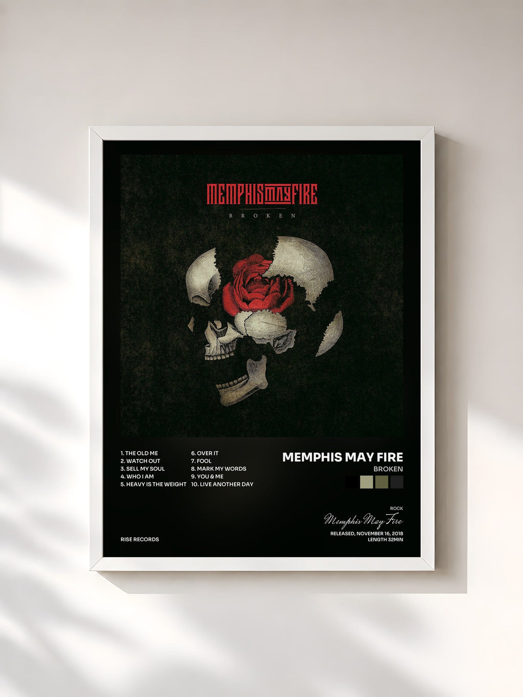 #blanc Tableau de l'album Broken de Memphis May Fire, cadre blanc, imprimé et encadré en France