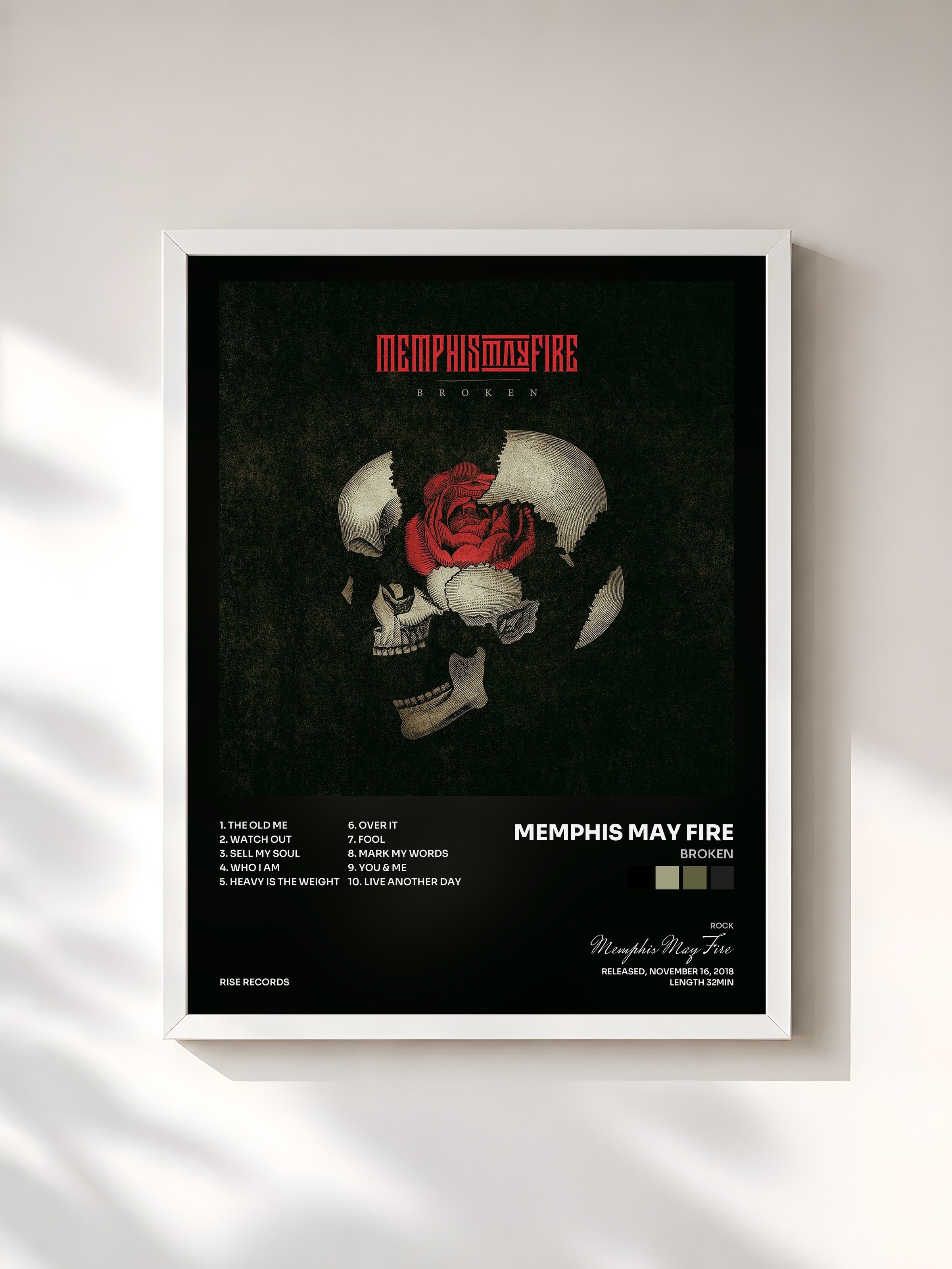 #blanc Tableau de l'album Broken de Memphis May Fire, cadre blanc, imprimé et encadré en France