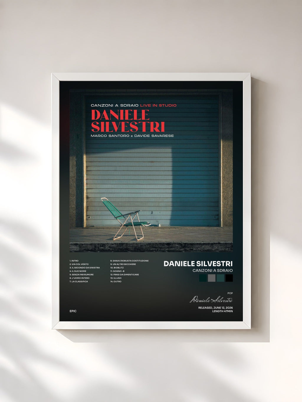 #blanc Tableau de l'album Canzoni a sdraio de Daniele Silvestri, cadre blanc, imprimé et encadré en France