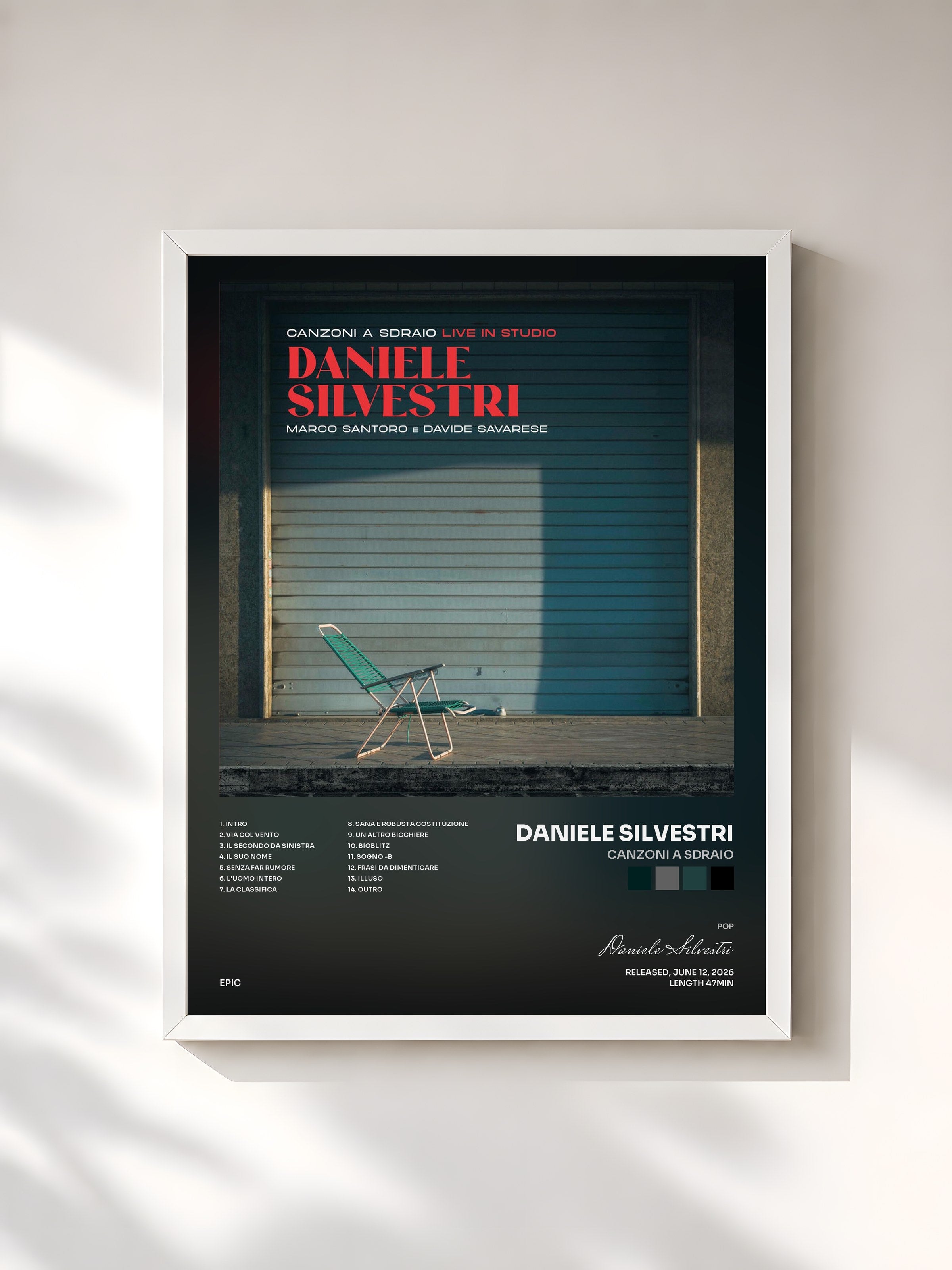 #blanc Tableau de l'album Canzoni a sdraio de Daniele Silvestri, cadre blanc, imprimé et encadré en France