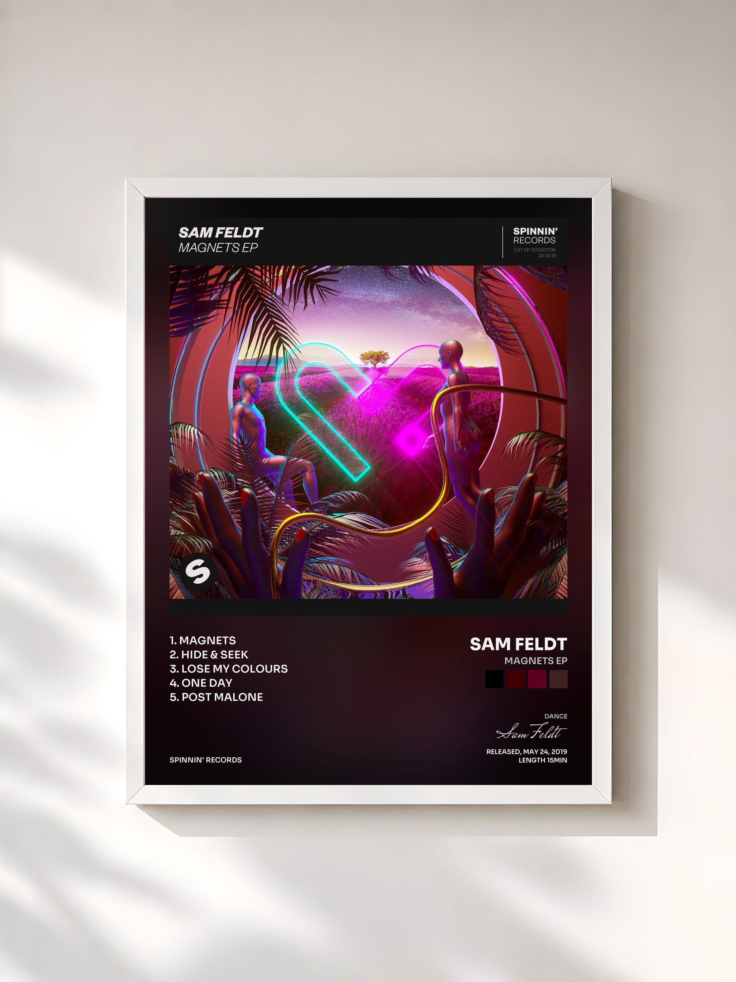 #blanc Tableau de l'album Magnets EP de Sam Feldt, cadre blanc, imprimé et encadré en France