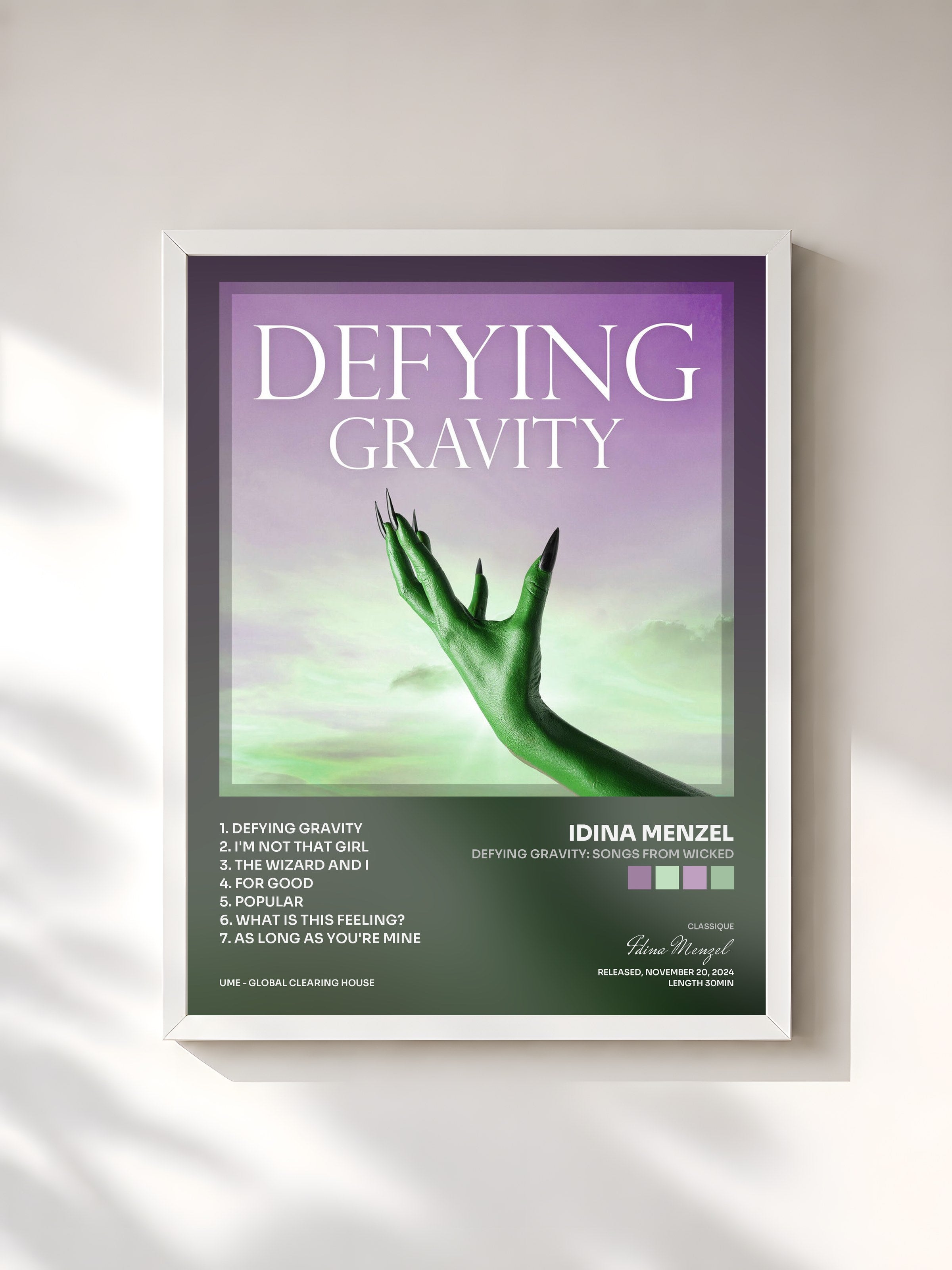 #blanc Tableau de l'album Defying Gravity: Songs from Wicked de Idina Menzel, cadre blanc, imprimé et encadré en France