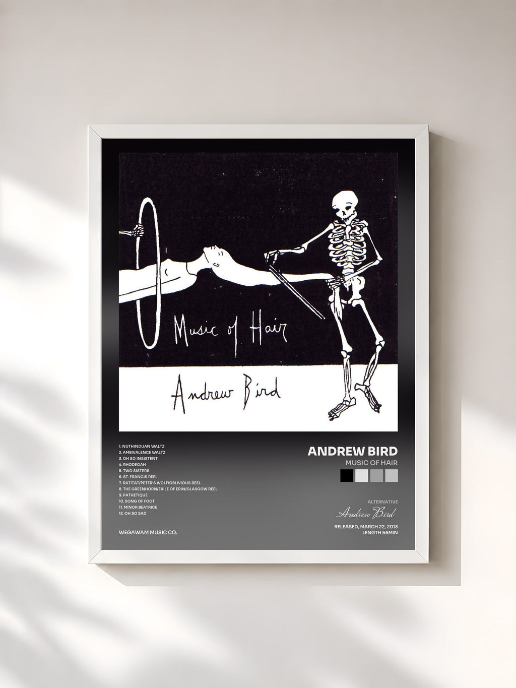 #blanc Music of Hair de Andrew Bird en lámina enmarcada, marco blanco, impresa y enmarcada en Francia