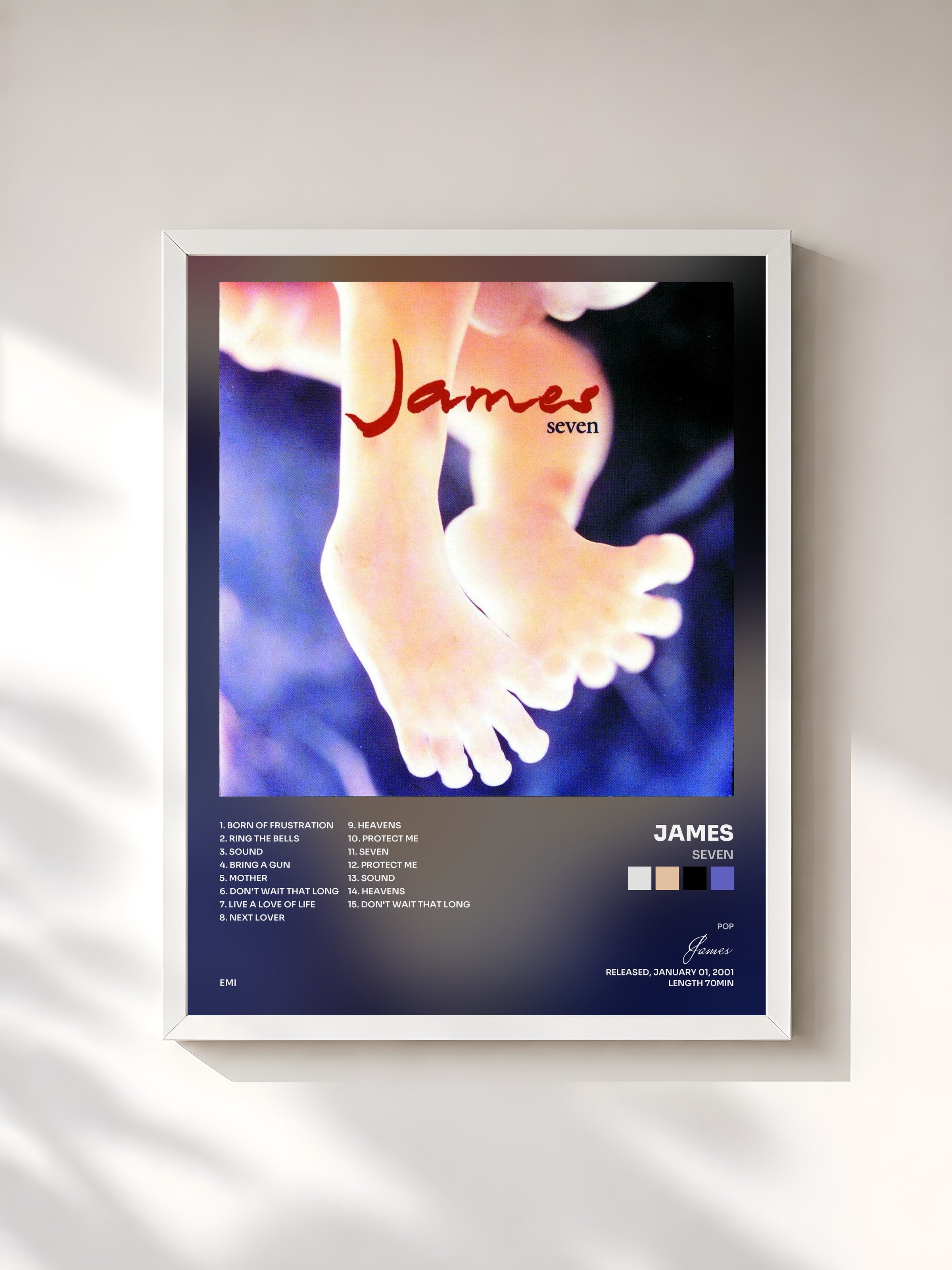 #blanc Tableau de l'album Seven de James, cadre blanc, imprimé et encadré en France