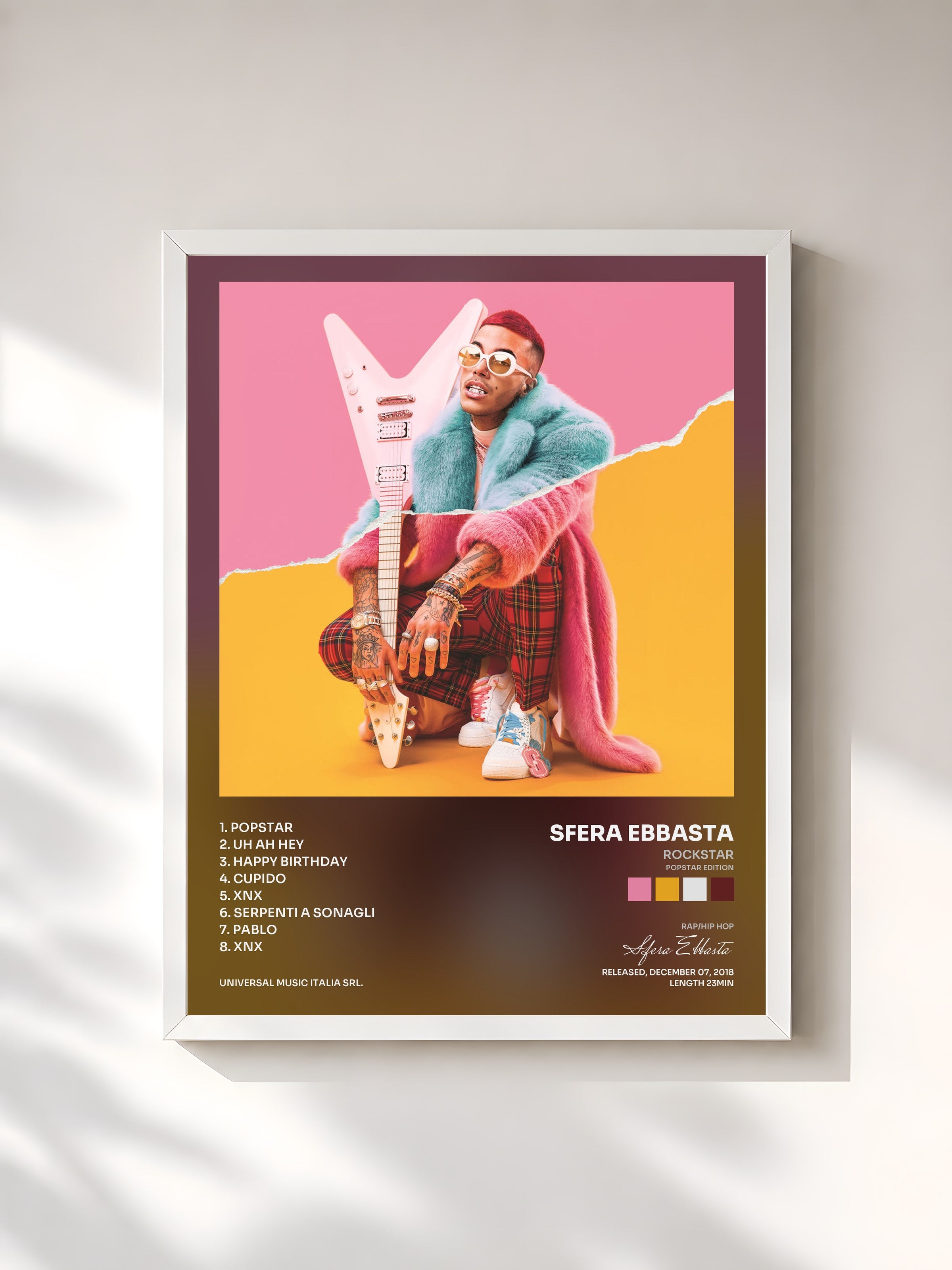 #blanc Tableau de l'album Rockstar (Popstar Edition) de Sfera Ebbasta, cadre blanc, imprimé et encadré en France