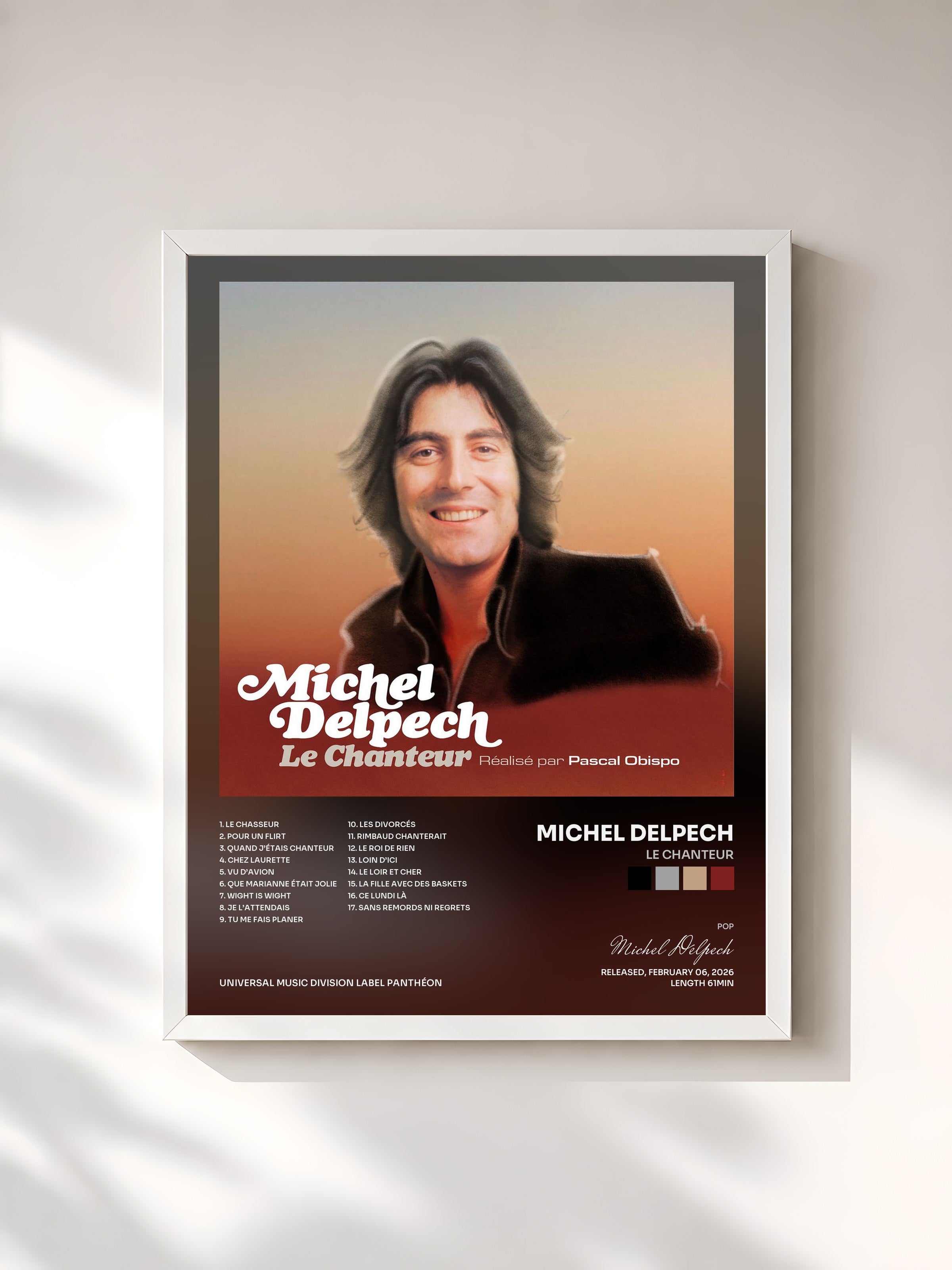 #blanc Tableau de l'album Le chanteur de Michel Delpech, cadre blanc, imprimé et encadré en France