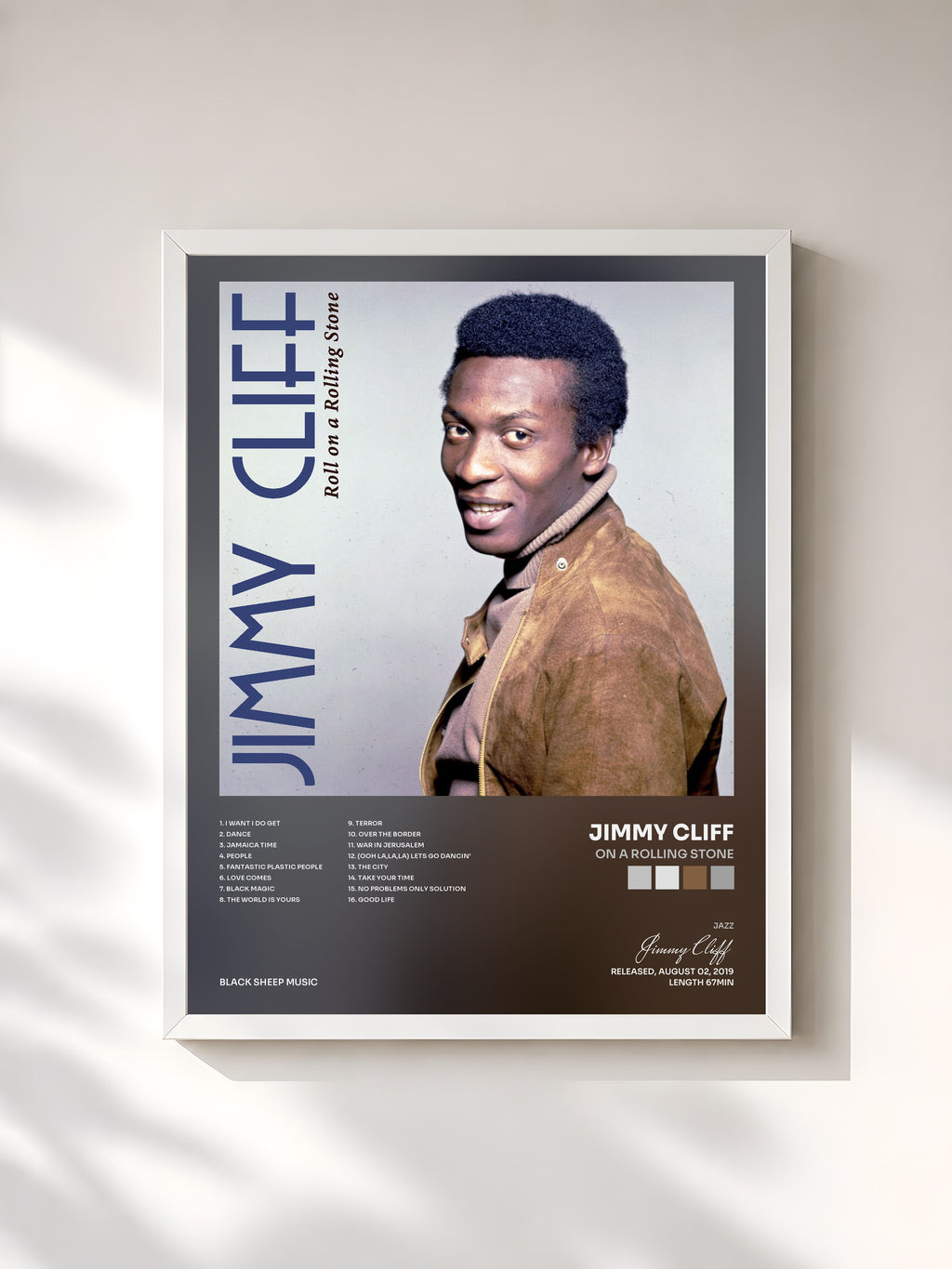 #blanc Tableau de l'album On a Rolling Stone de Jimmy Cliff, cadre blanc, imprimé et encadré en France