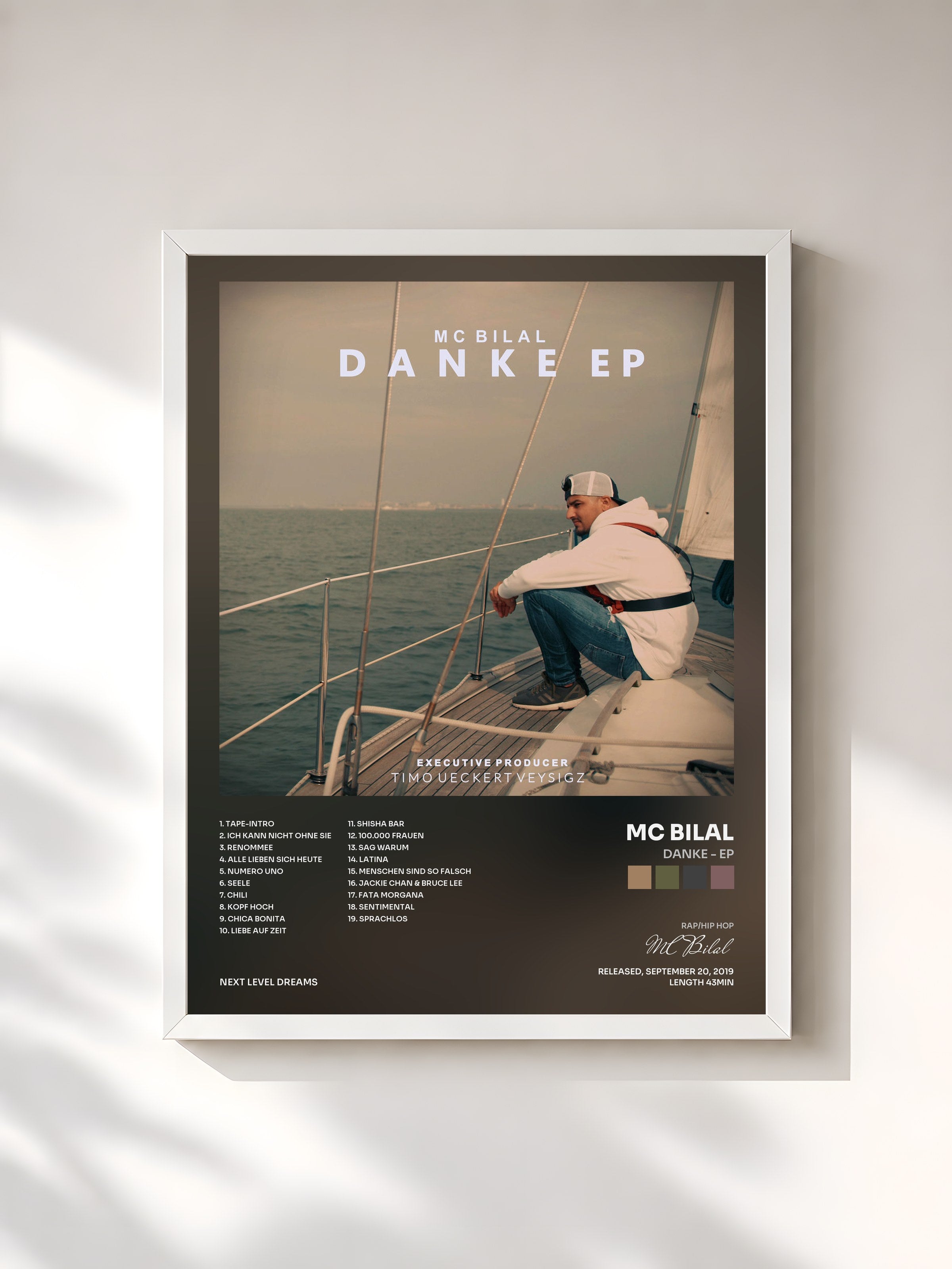 #blanc Tableau de l'album DANKE - EP de MC Bilal, cadre blanc, imprimé et encadré en France