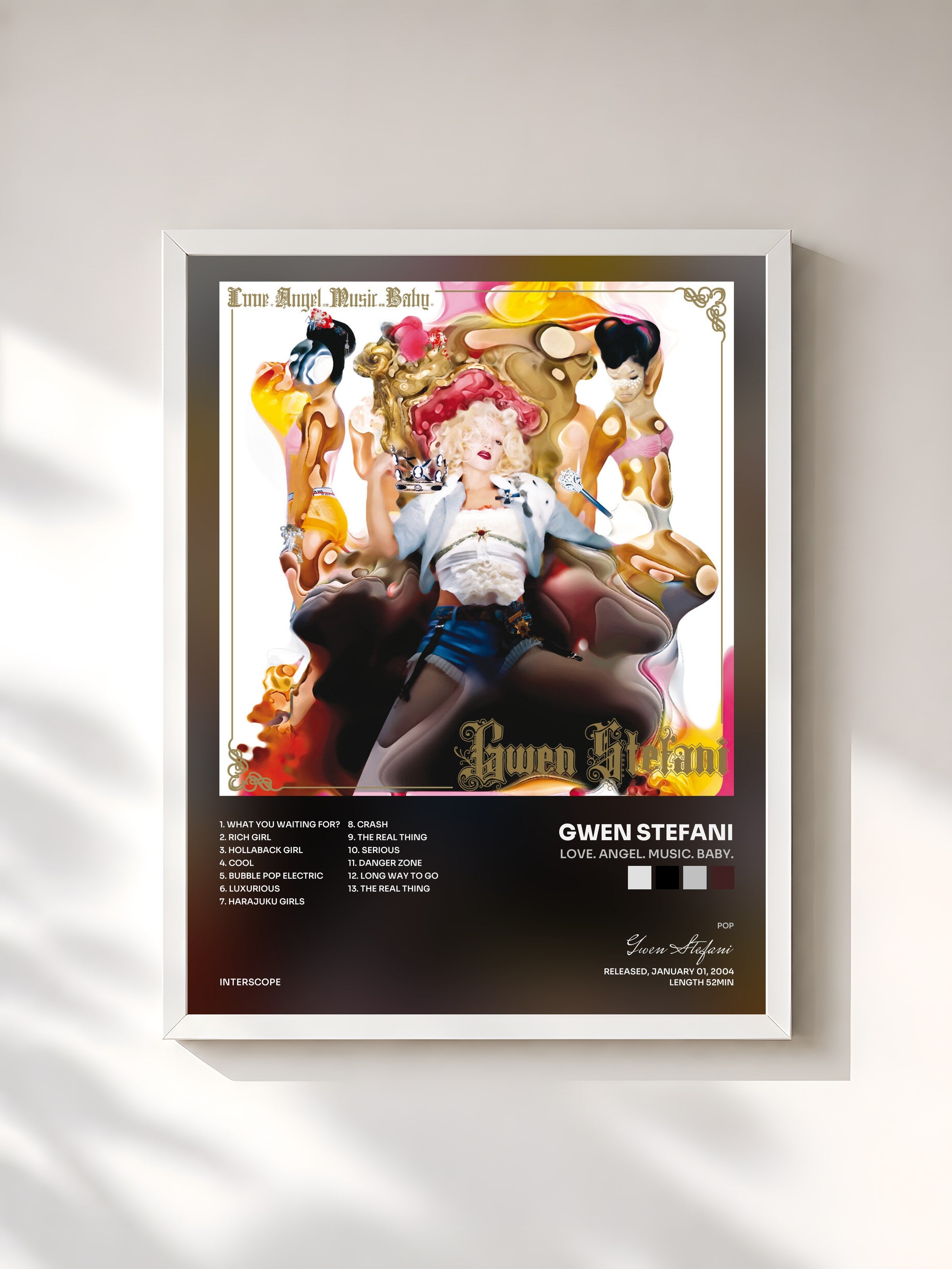 #blanc Tableau de l'album Love. Angel. Music. Baby. de Gwen Stefani, cadre blanc, imprimé et encadré en France