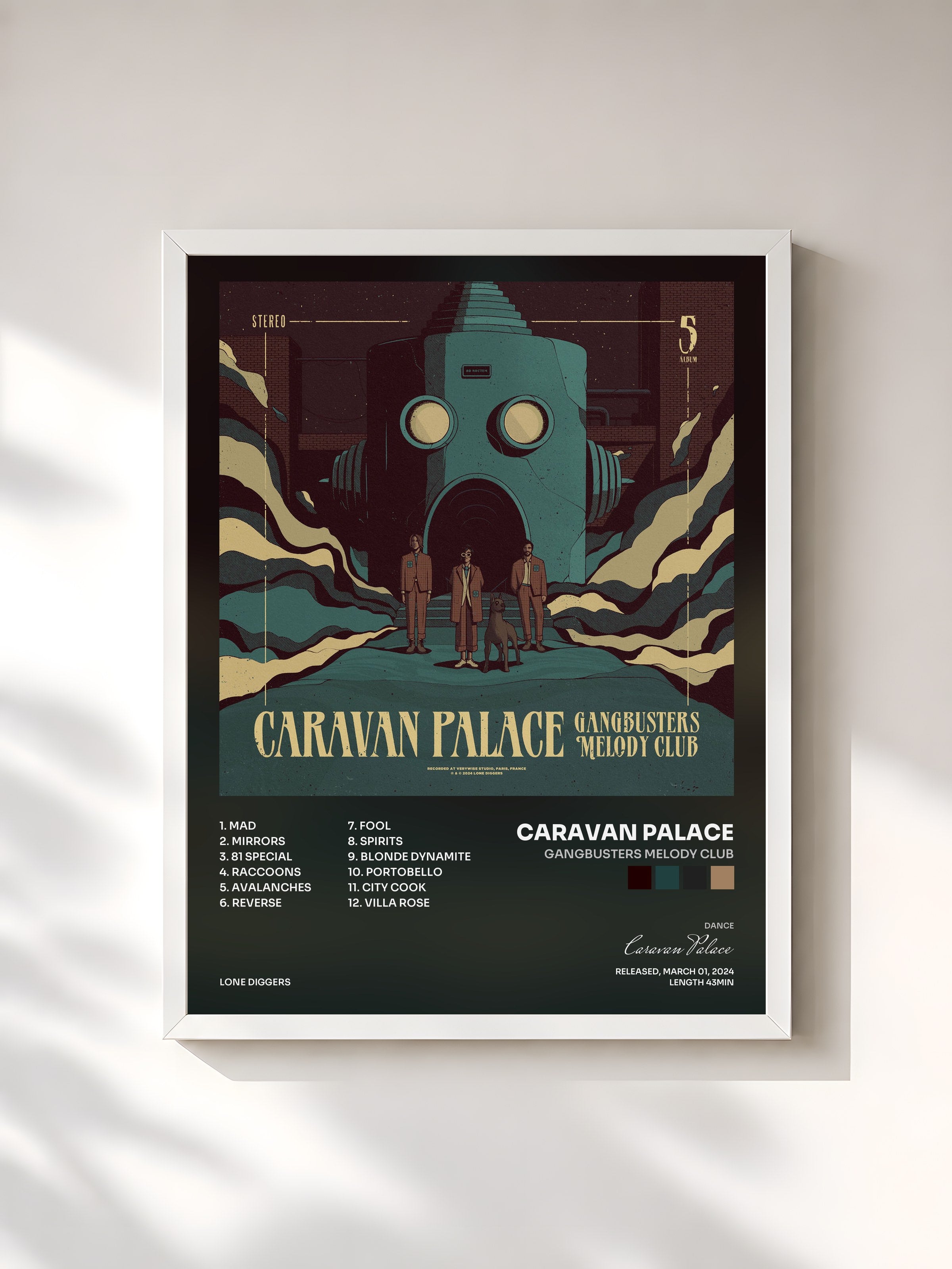 #blanc Tableau de l'album Gangbusters Melody Club de Caravan Palace, cadre blanc, imprimé et encadré en France