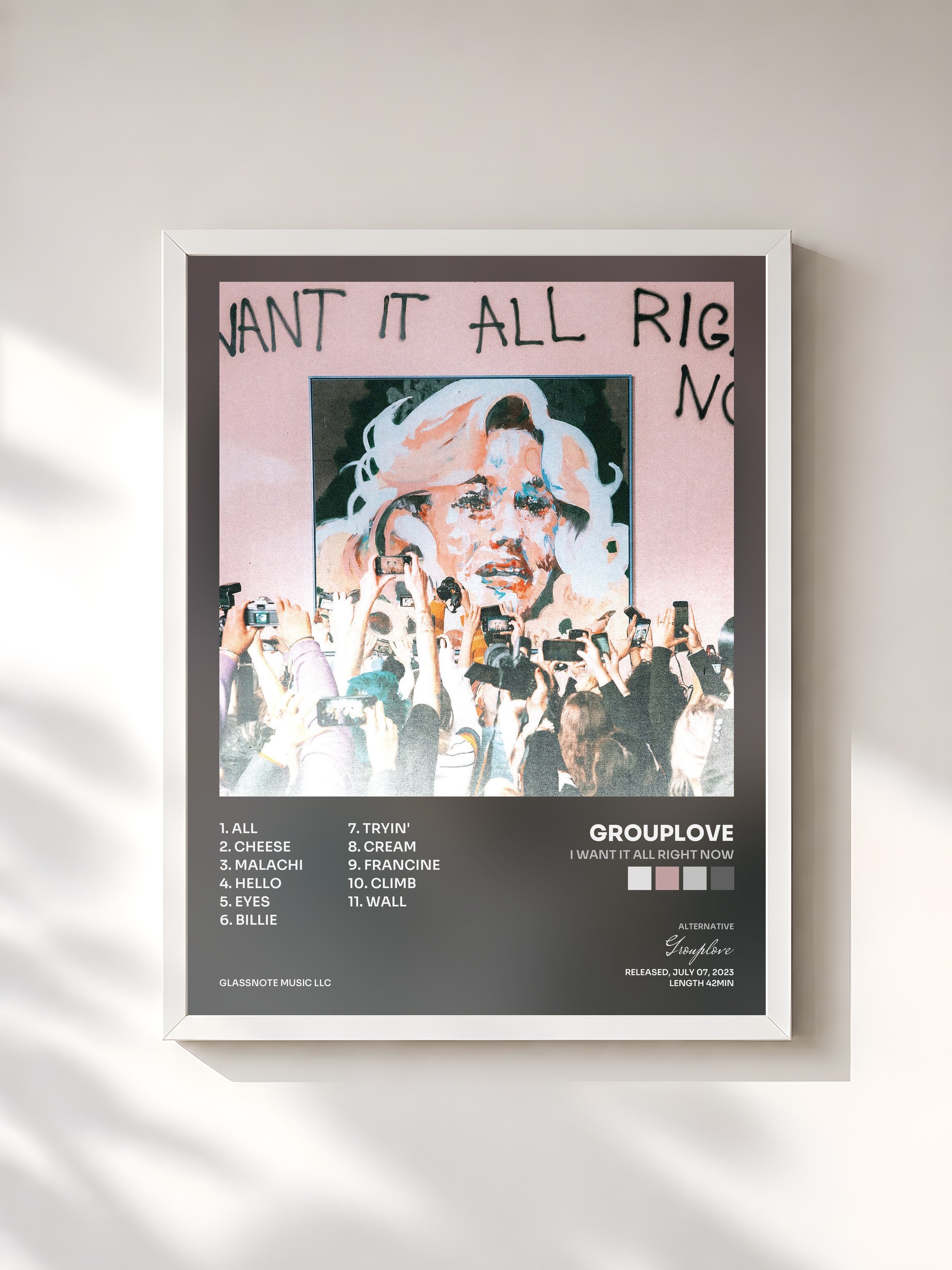 #blanc Tableau de l'album I Want It All Right Now de Grouplove, cadre blanc, imprimé et encadré en France