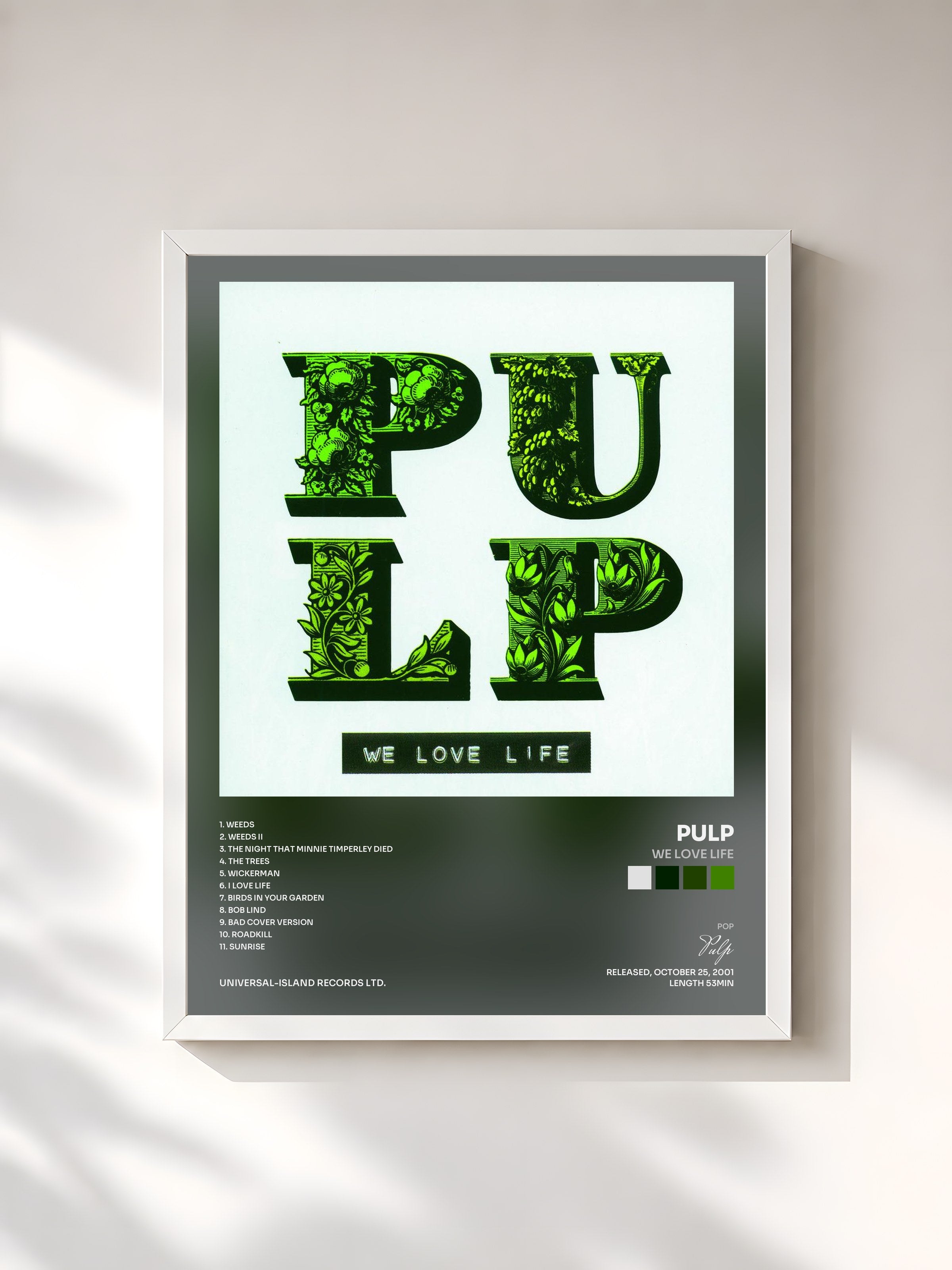 #blanc Tableau de l'album We Love Life de Pulp, cadre blanc, imprimé et encadré en France