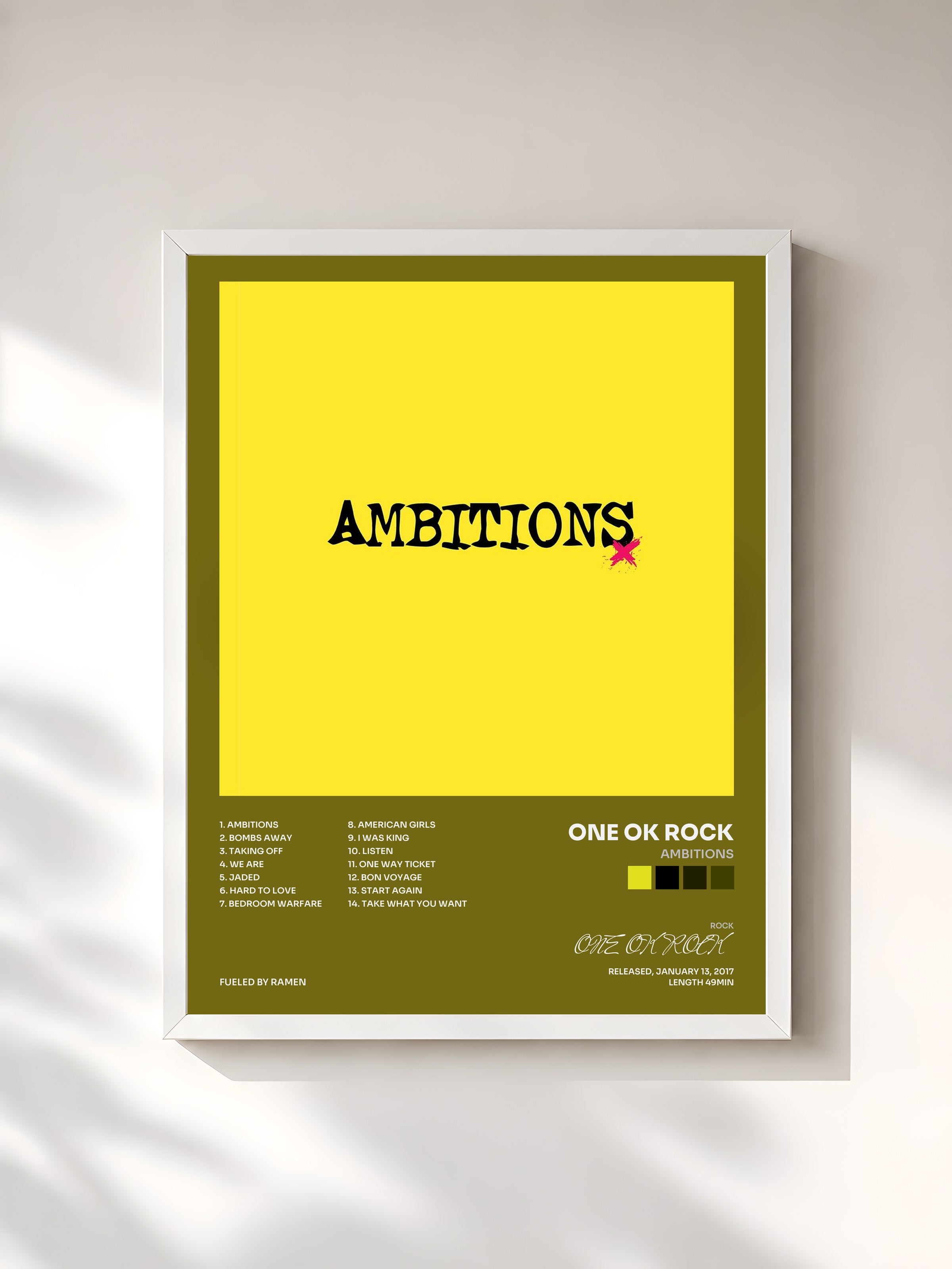 #blanc Tableau de l'album Ambitions de ONE OK ROCK, cadre blanc, imprimé et encadré en France