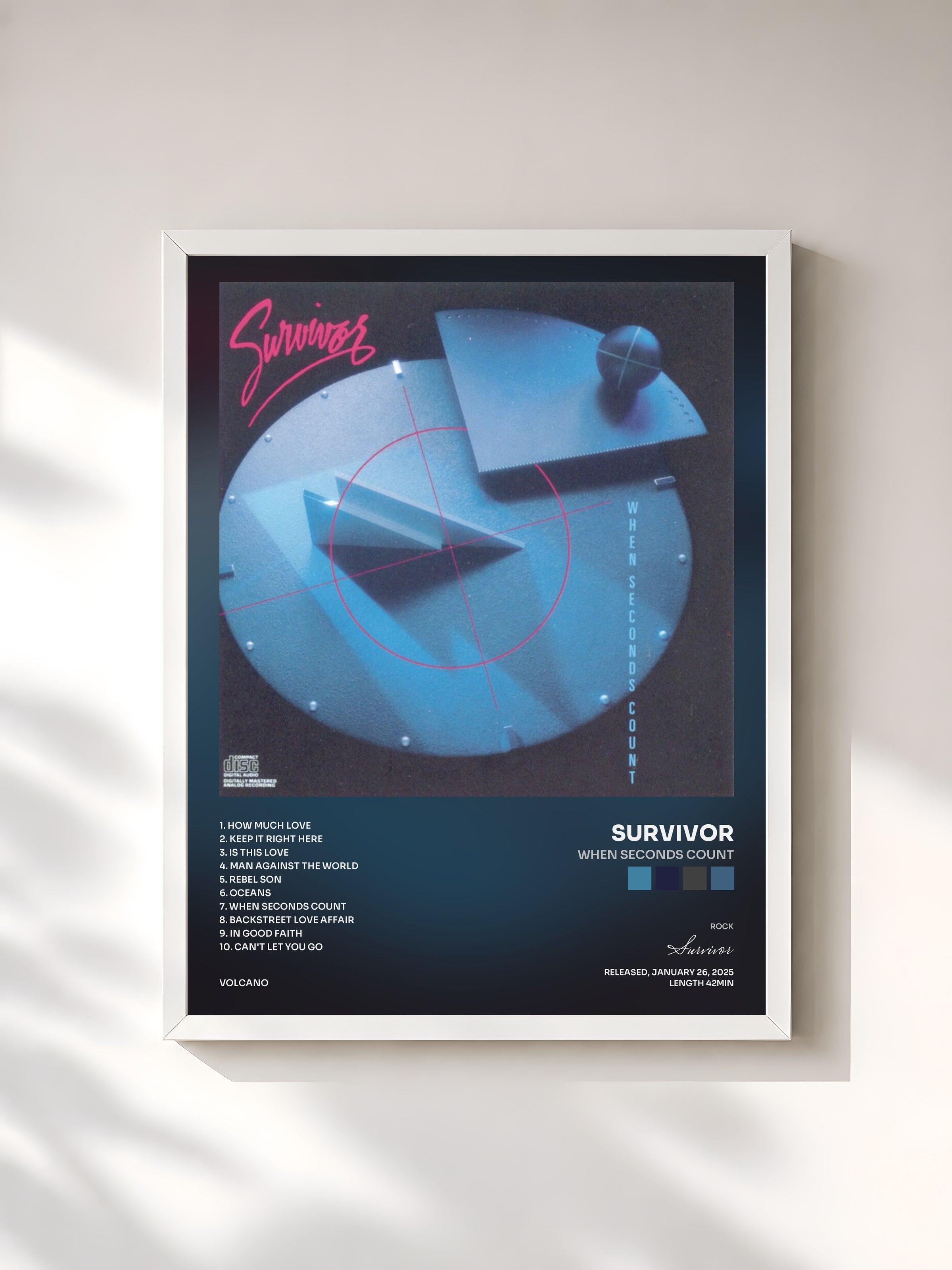 #blanc Tableau de l'album When Seconds Count de Survivor, cadre blanc, imprimé et encadré en France