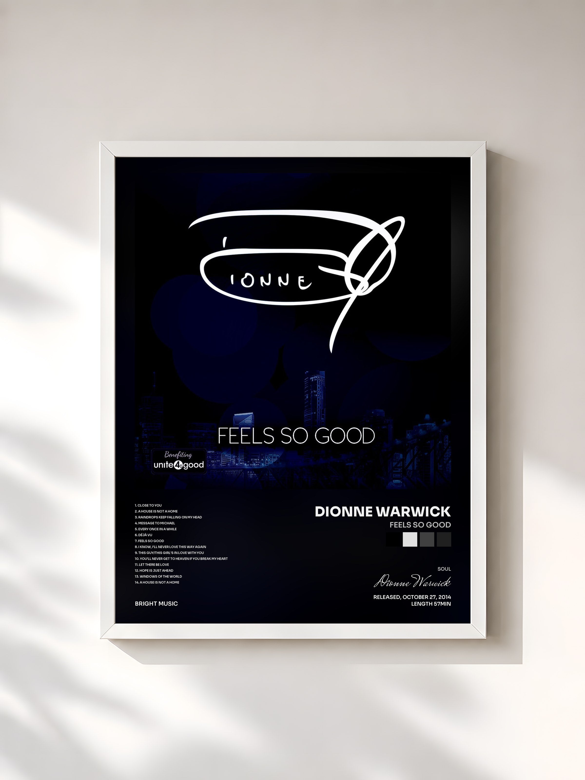 #blanc Tableau de l'album Feels So Good de Dionne Warwick, cadre blanc, imprimé et encadré en France