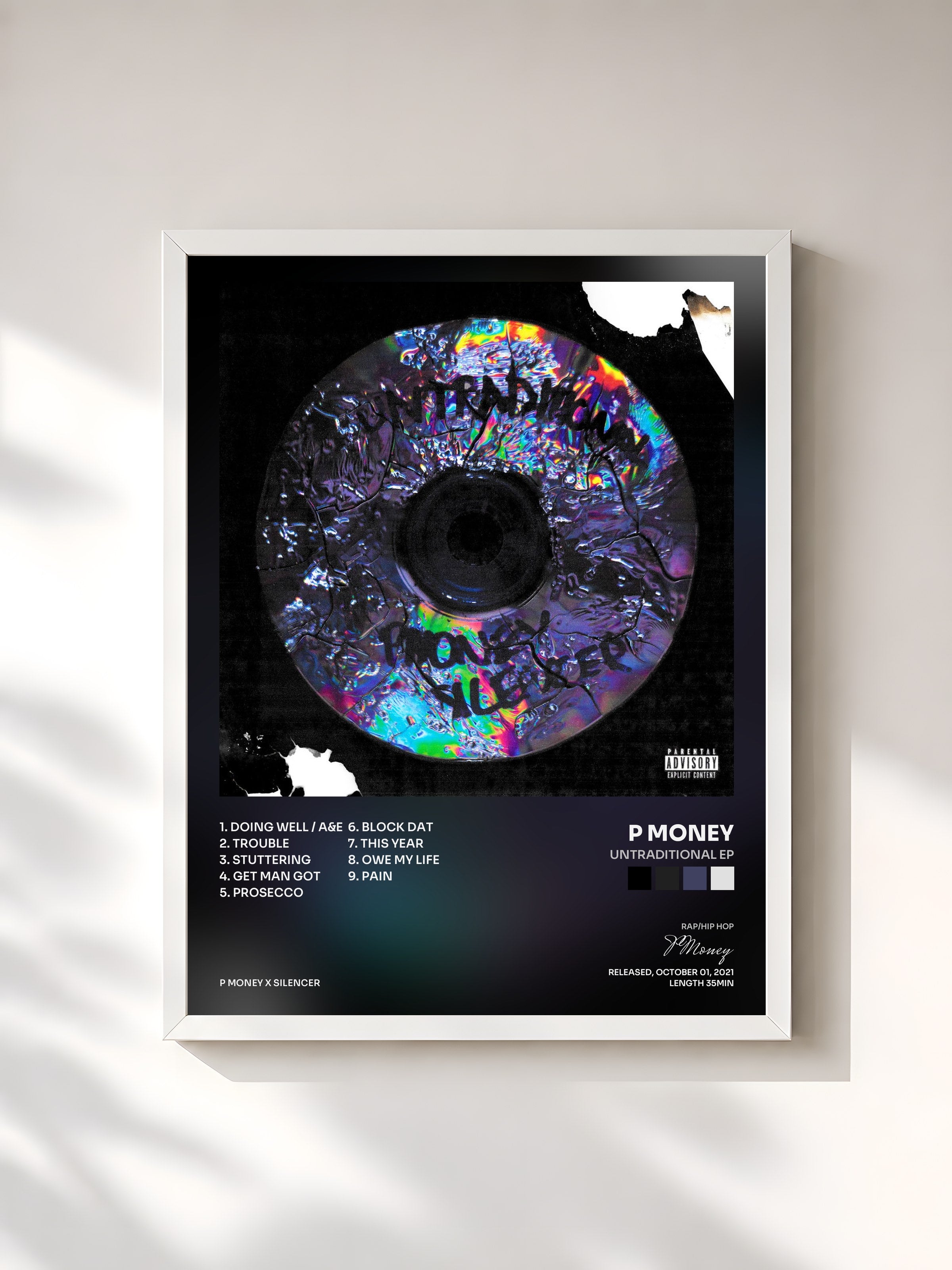 #blanc Tableau de l'album Untraditional EP de P Money, cadre blanc, imprimé et encadré en France